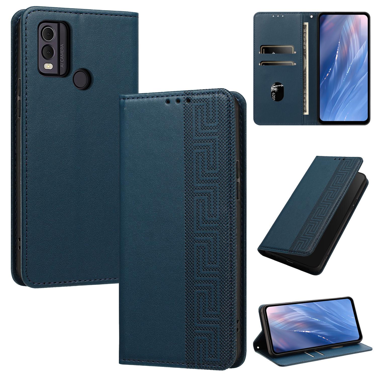 For Nokia C22 Embossed Meander Pattern RFID Vegan Leather Phone Case(Dark Blue) - Shopkiz.com
