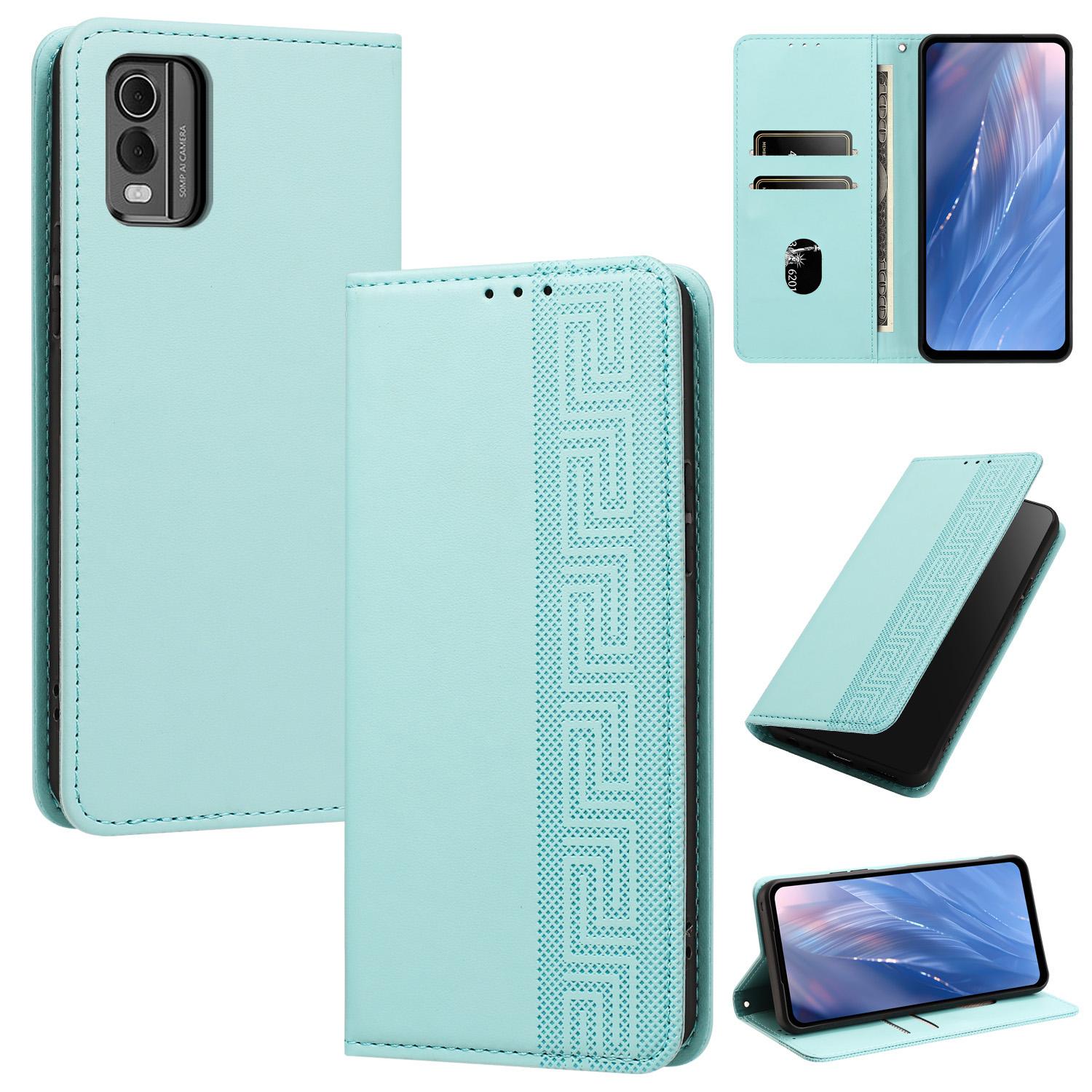 For Nokia C32 Embossed Meander Pattern RFID Vegan Leather Phone Case(Mint Green) - Shopkiz.com