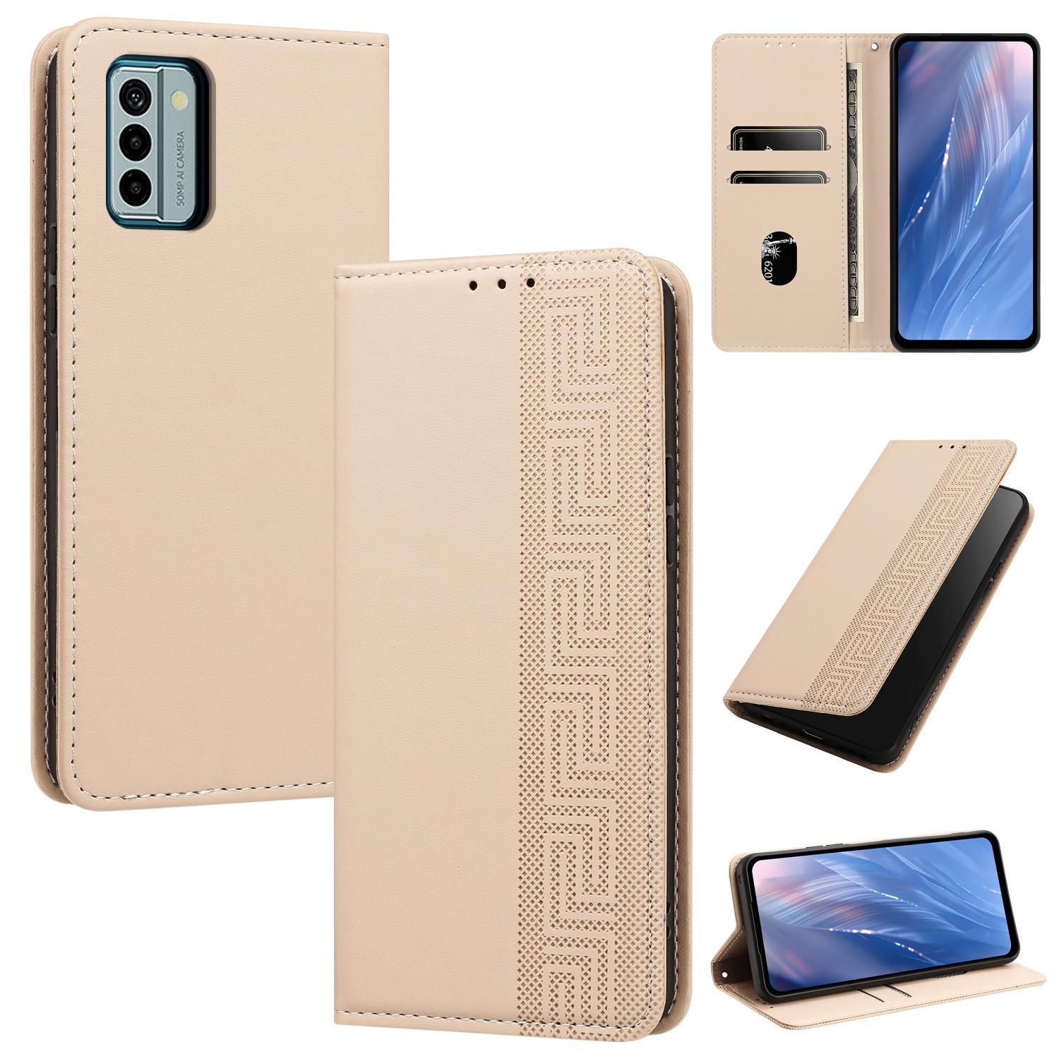 For Nokia G22 Embossed Meander Pattern RFID Vegan Leather Phone Case(Beige) - Shopkiz.com