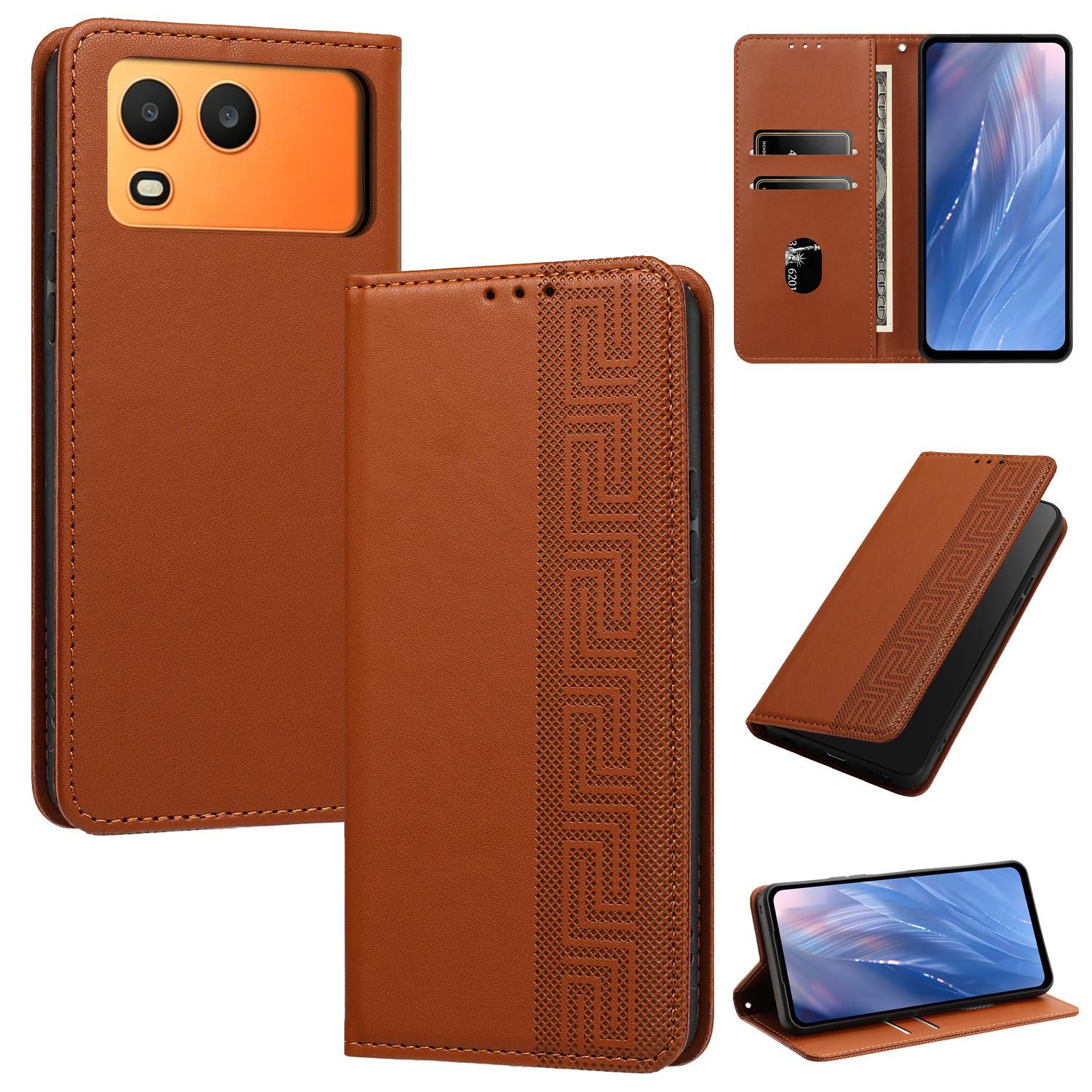 For itel A200 / A200+ 4G Embossed Meander Pattern RFID Vegan Leather Phone Case(Brown) - Shopkiz.com