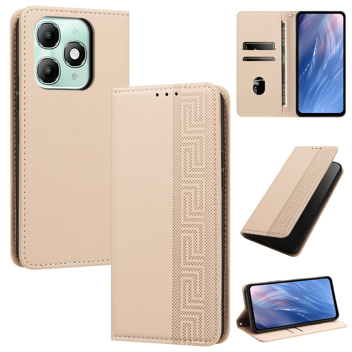 For itel A90 4G Embossed Meander Pattern RFID Vegan Leather Phone Case(Beige) - Shopkiz.com