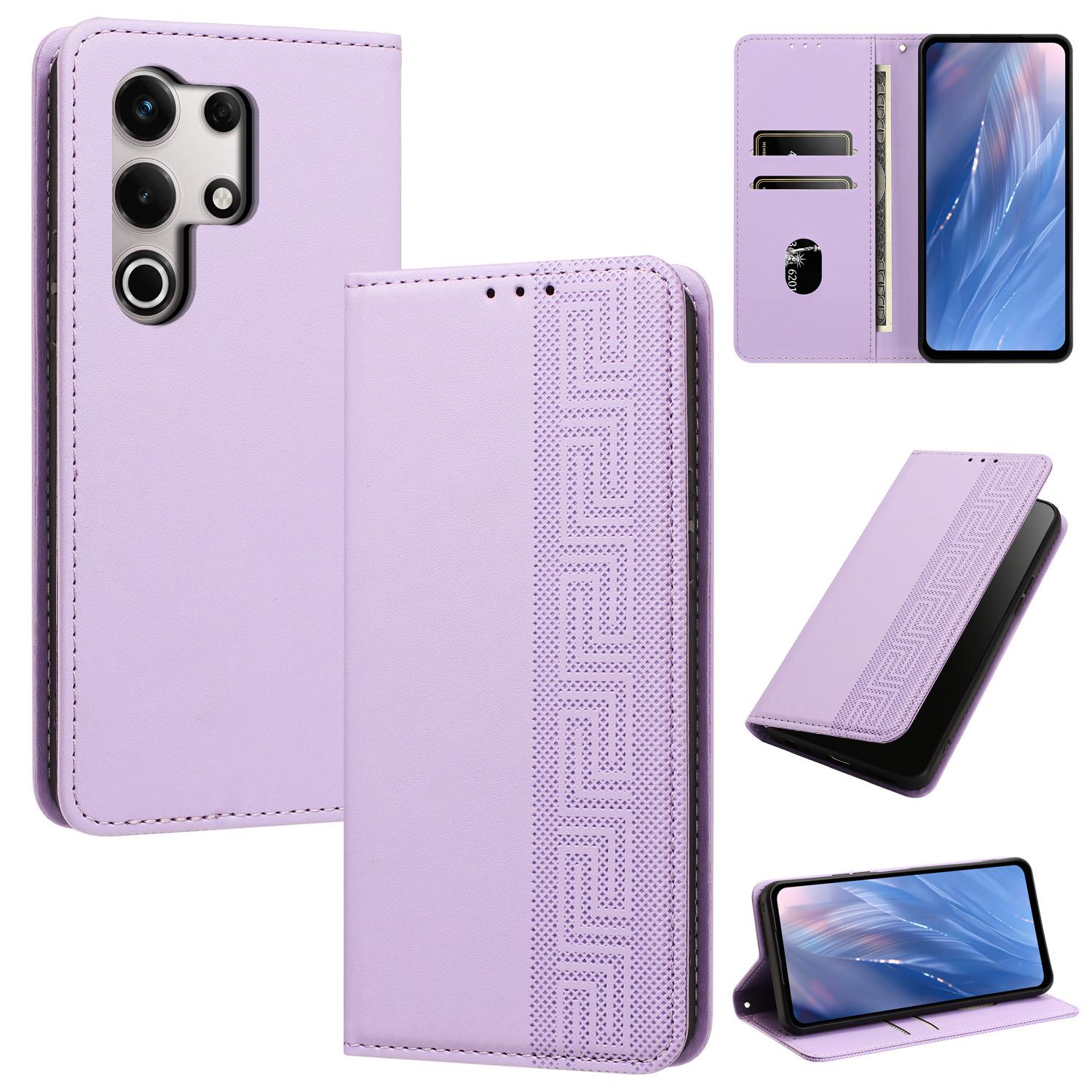 For itel S25 Ultra Embossed Meander Pattern RFID Vegan Leather Phone Case(Light Purple) - Shopkiz.com