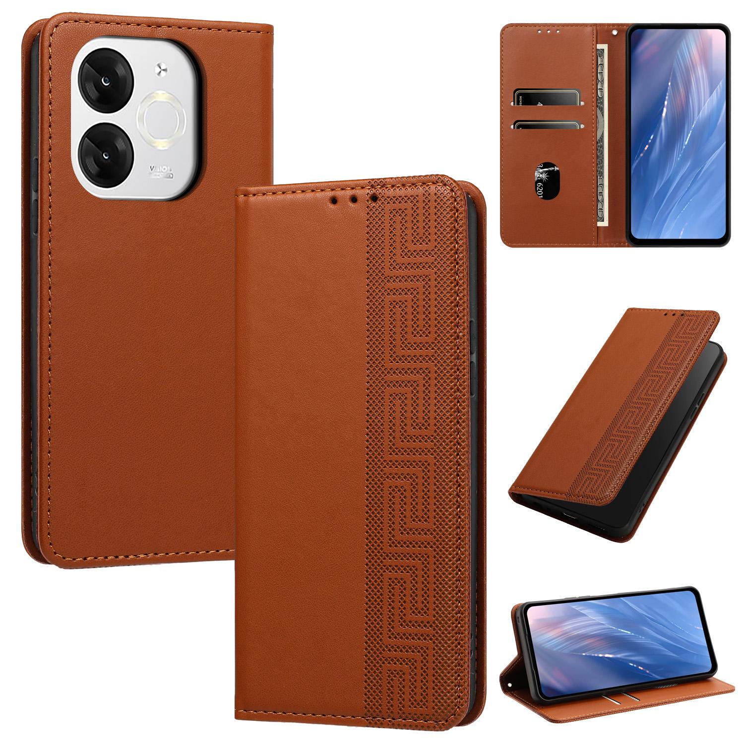 For itel A80 4G Embossed Meander Pattern RFID Vegan Leather Phone Case(Brown) - Shopkiz.com