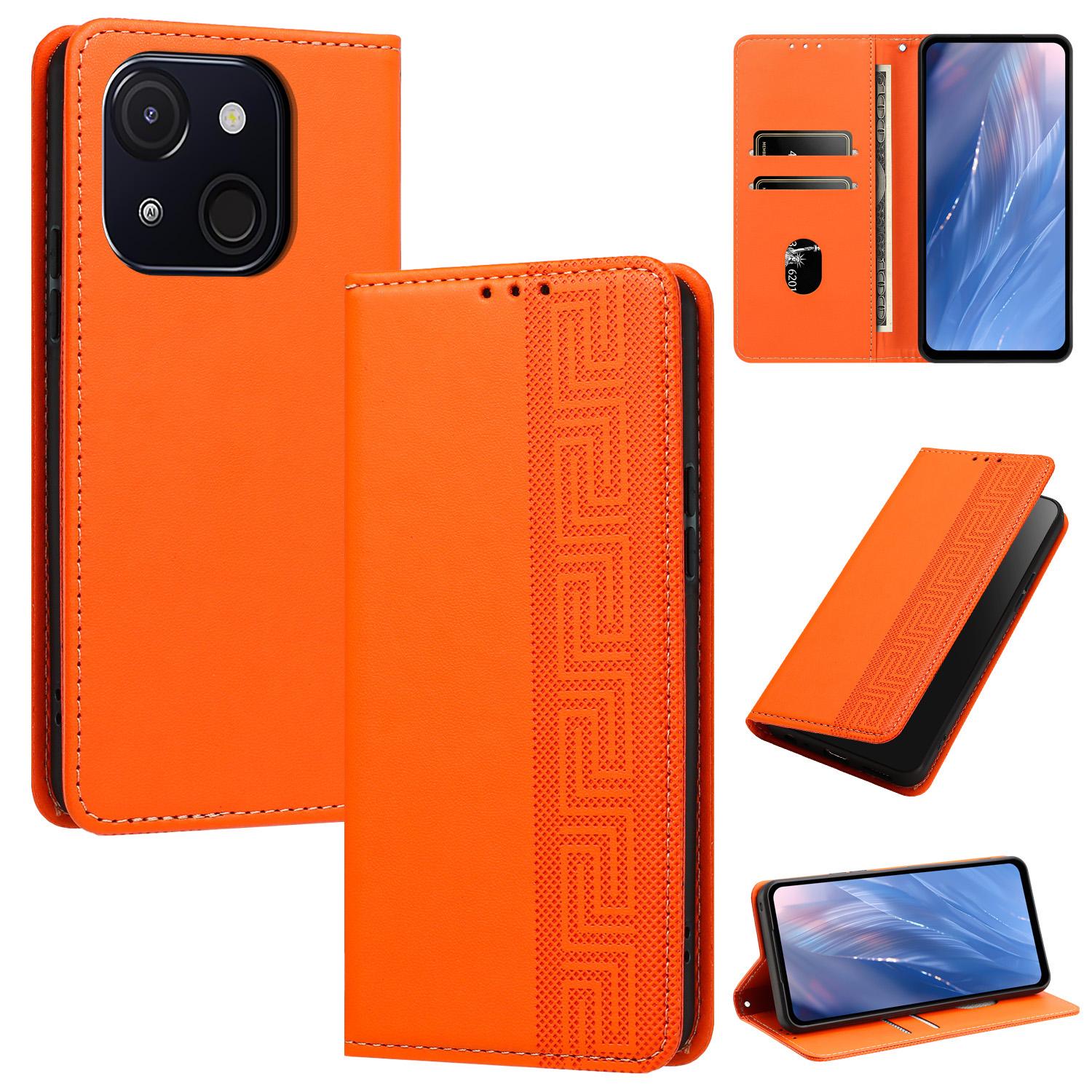 For itel A50c Embossed Meander Pattern RFID Vegan Leather Phone Case(Orange) - Shopkiz.com