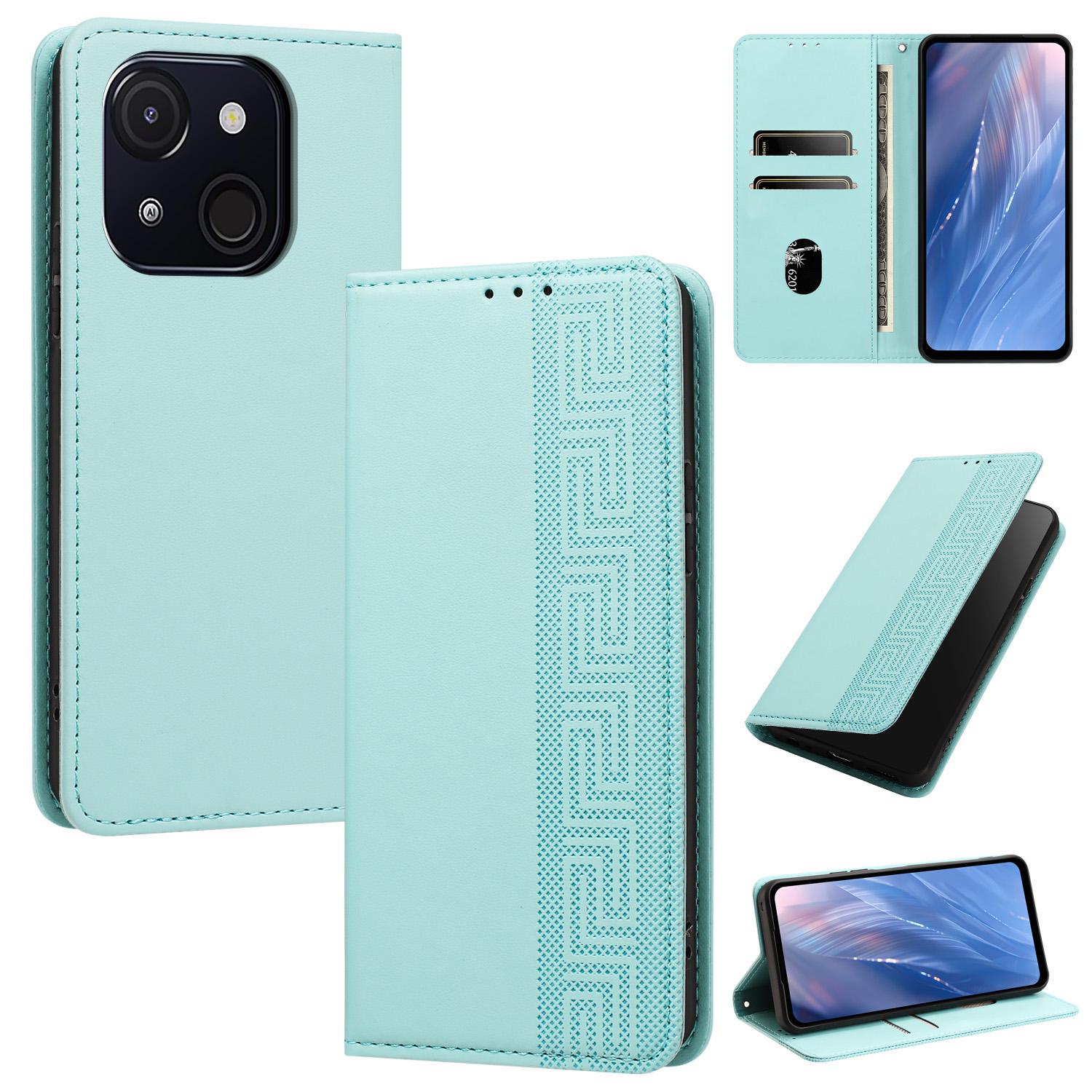 For itel A50c Embossed Meander Pattern RFID Vegan Leather Phone Case(Mint Green) - Shopkiz.com