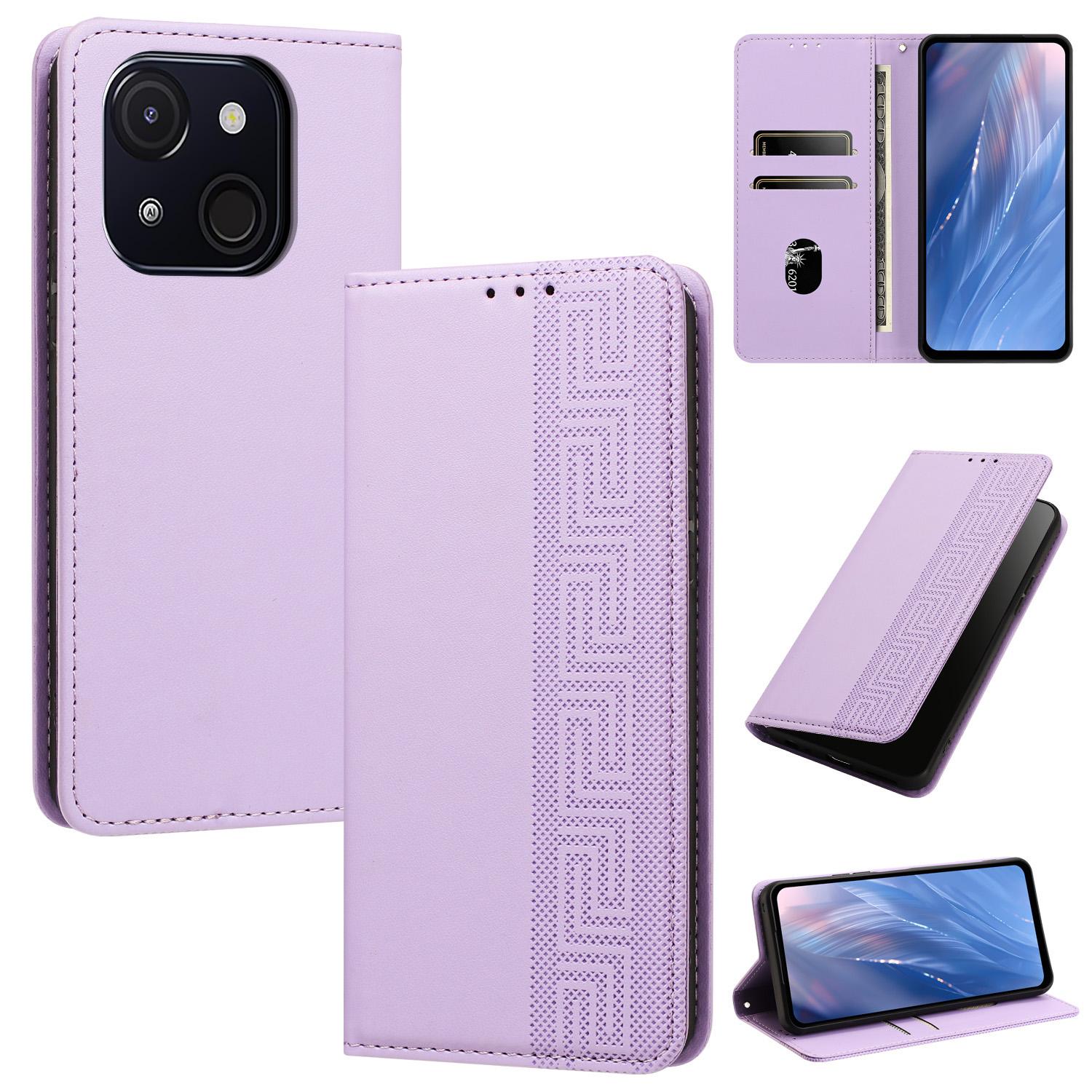 For itel A50c Embossed Meander Pattern RFID Vegan Leather Phone Case(Light Purple) - Shopkiz.com
