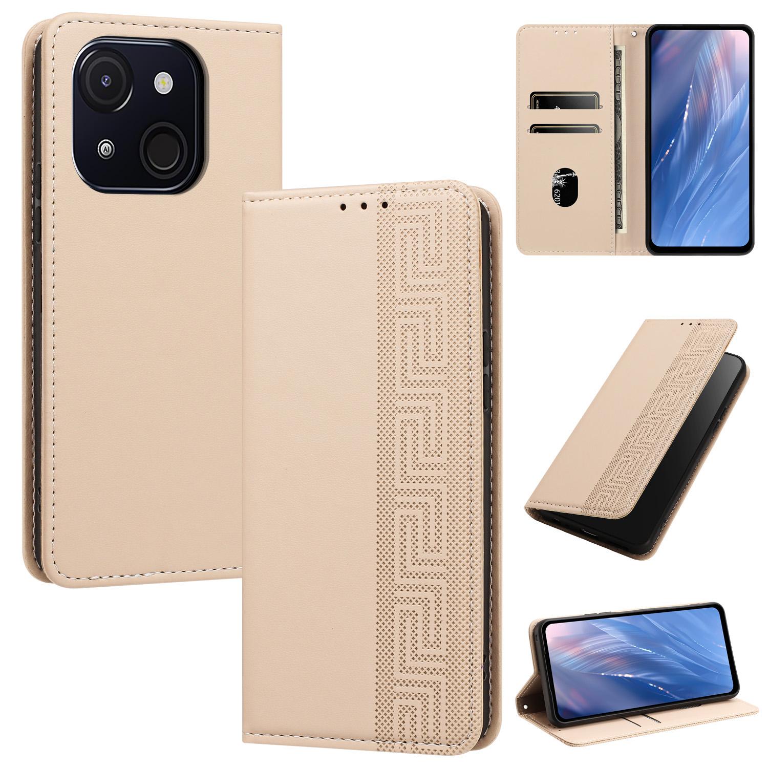 For itel A50c Embossed Meander Pattern RFID Vegan Leather Phone Case(Beige) - Shopkiz.com