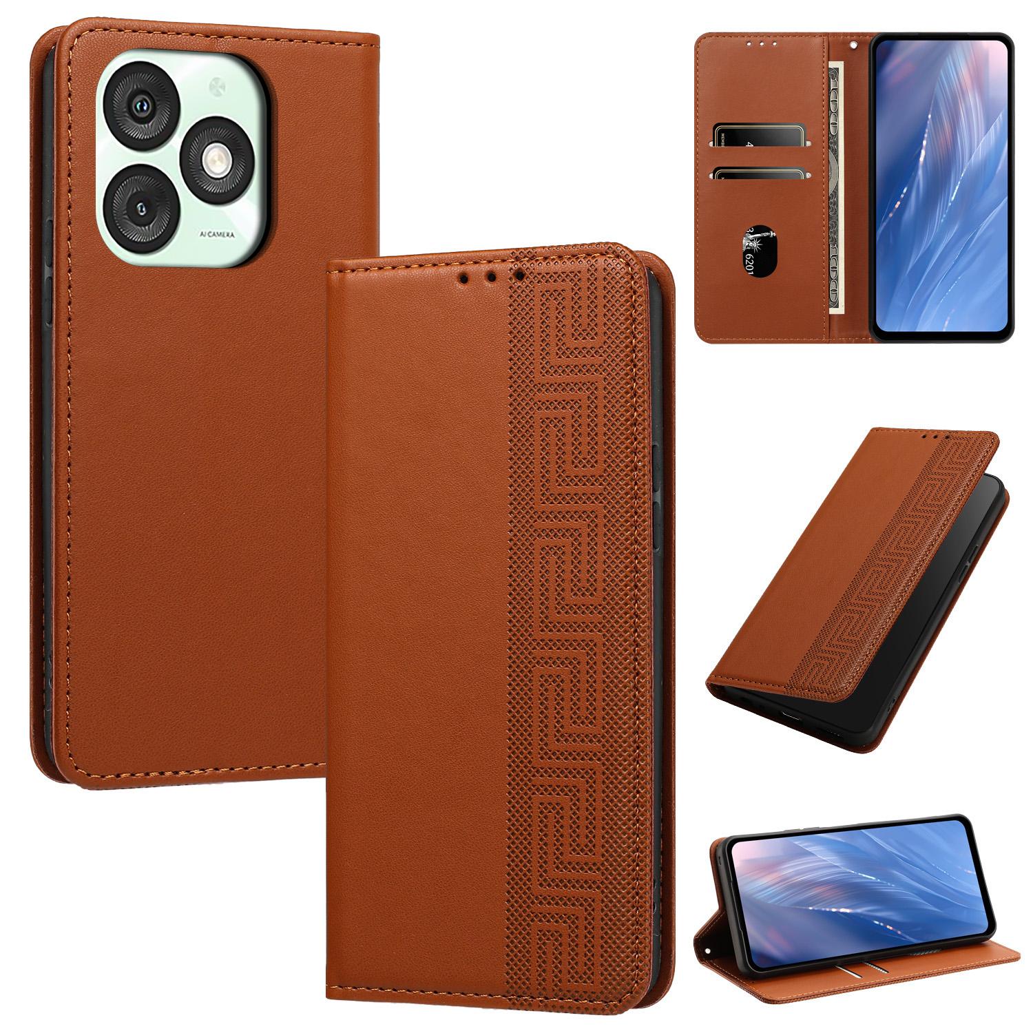 For itel A50 Embossed Meander Pattern RFID Vegan Leather Phone Case(Brown) - Shopkiz.com