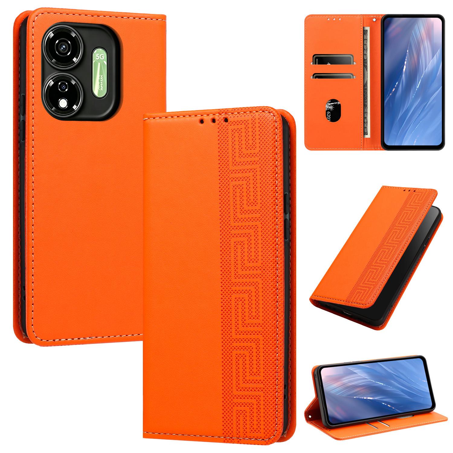 For itel P55 5G Embossed Meander Pattern RFID Vegan Leather Phone Case(Orange) - Shopkiz.com