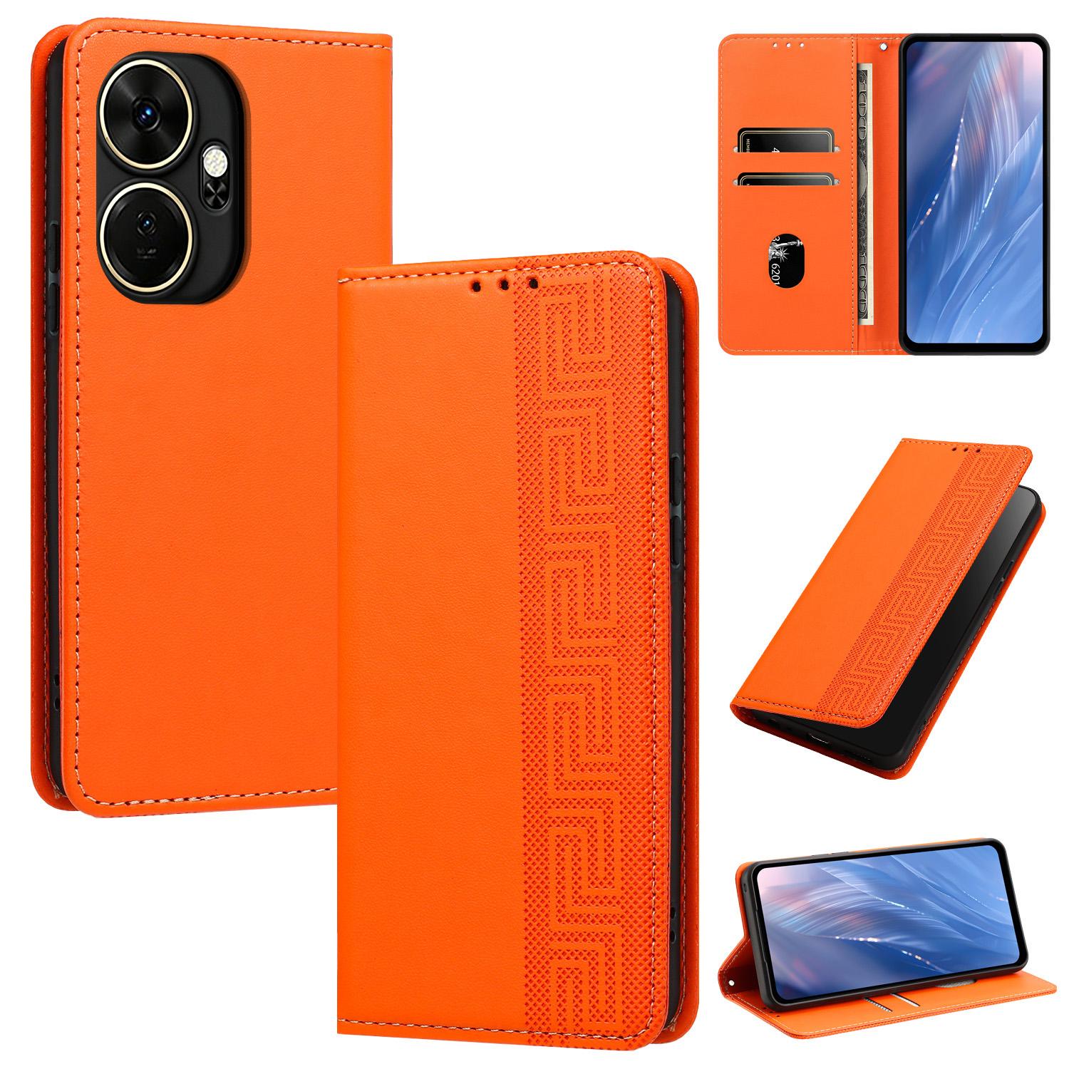 For itel P55+ Embossed Meander Pattern RFID Vegan Leather Phone Case(Orange) - Shopkiz.com