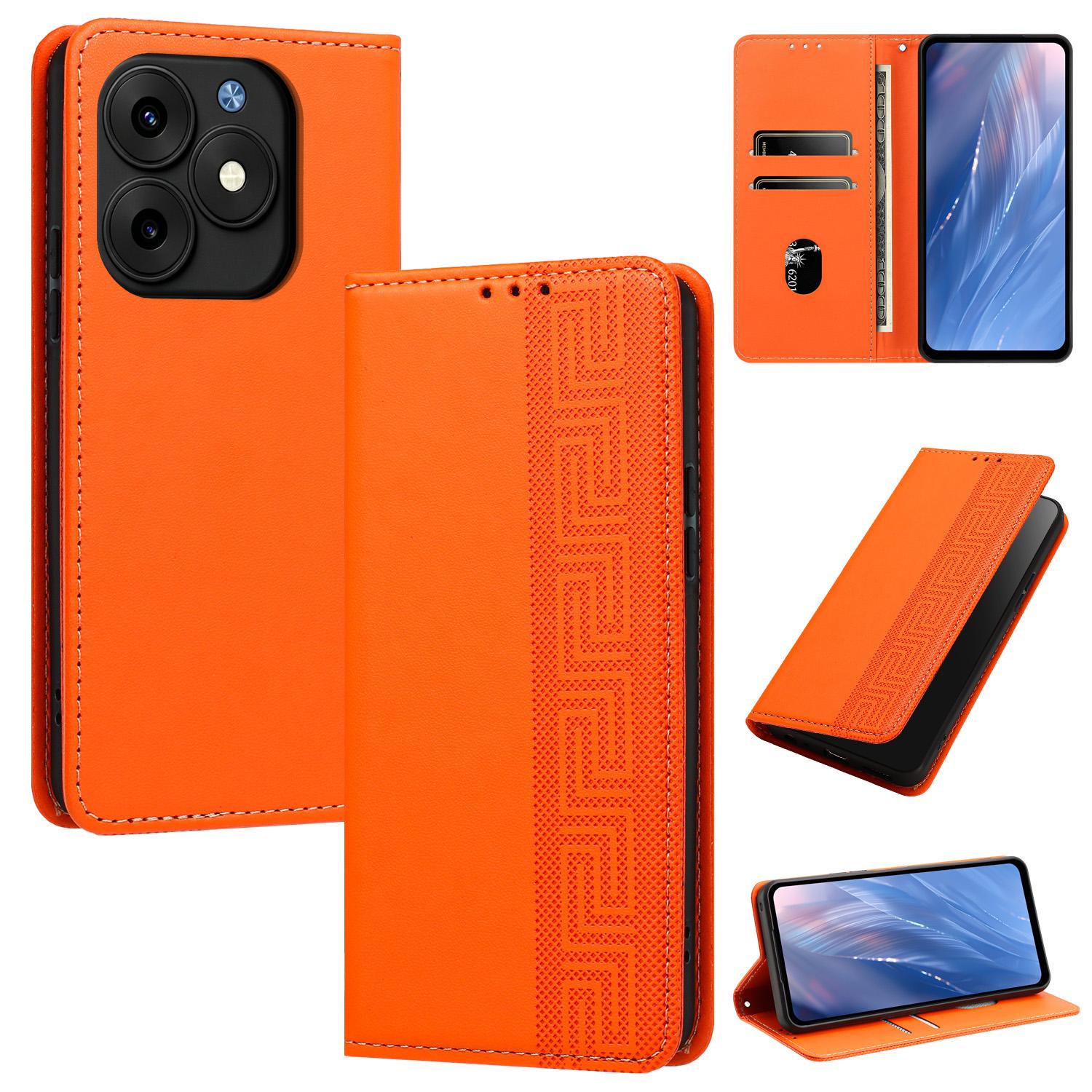 For itel S23+ Embossed Meander Pattern RFID Vegan Leather Phone Case(Orange) - Shopkiz.com