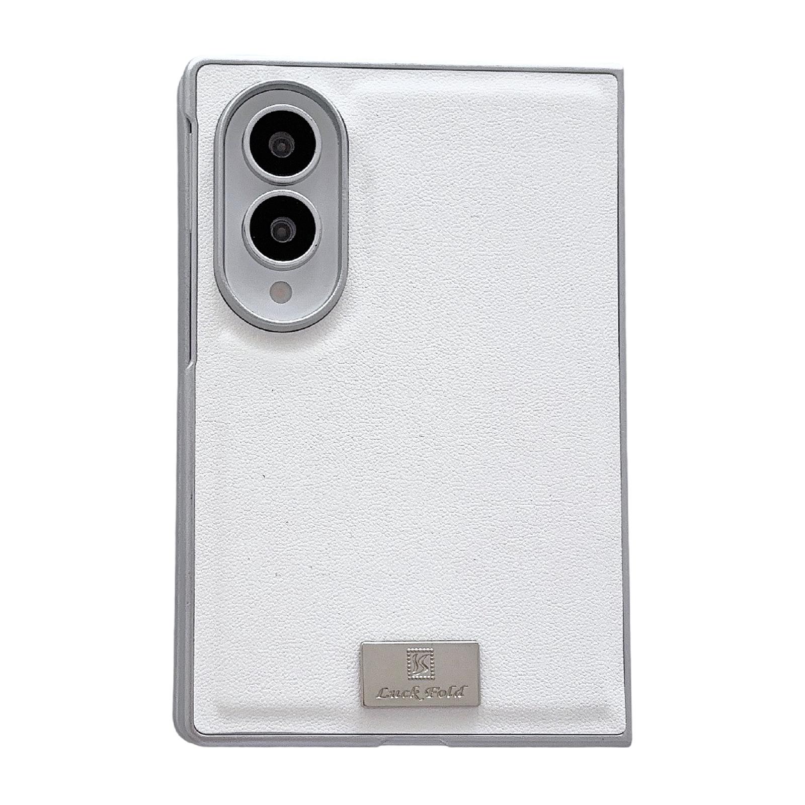 For Galaxy Z Fold8 5G Nameplate Silver Edged Morandi Solid Color Leather Textured Phone Case(White) - Shopkiz.com