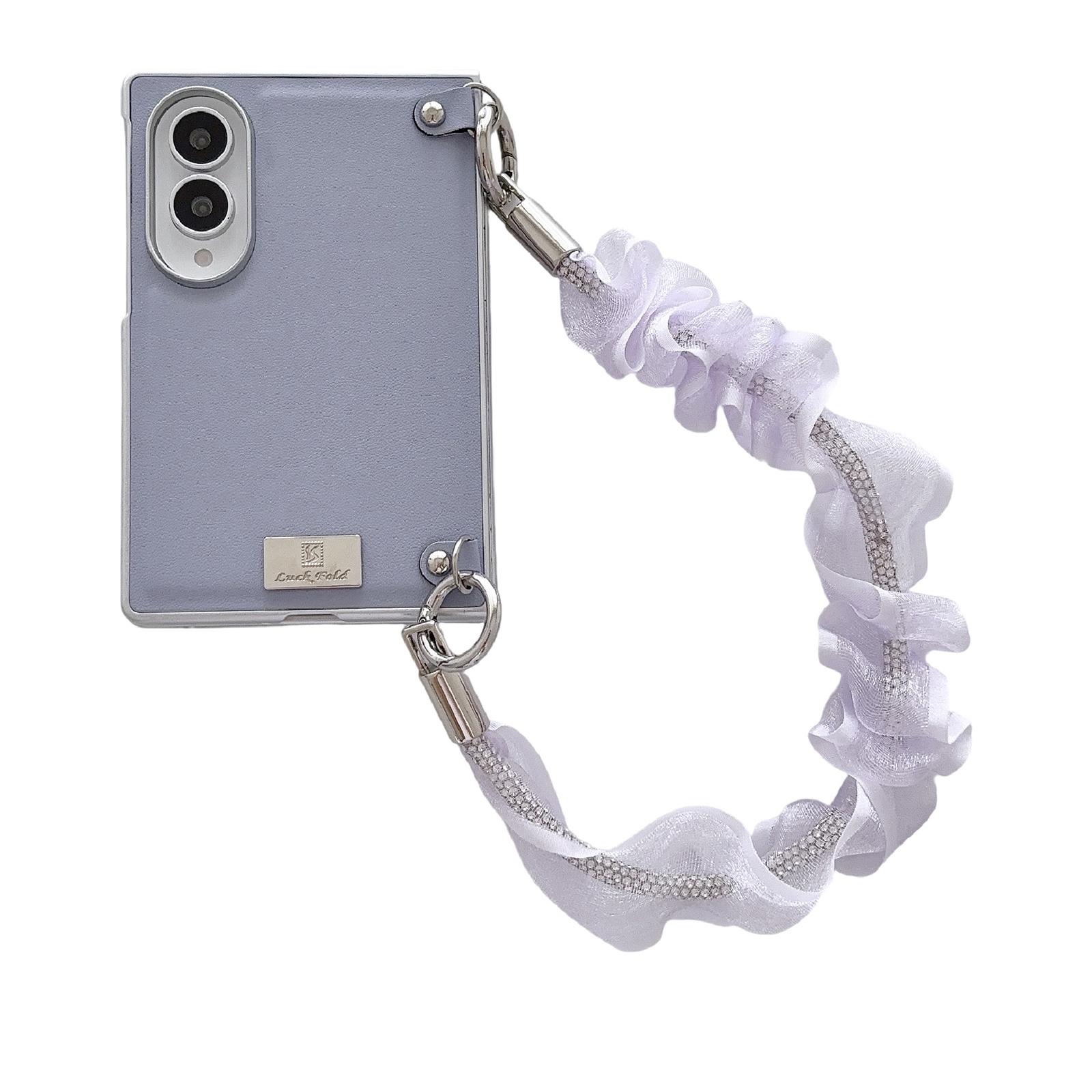 For Galaxy Z Fold8 5G Nameplate Silver Edged Morandi Solid Color Leather Textured Phone Case with Wrist Strap(Purple) - Shopkiz.com