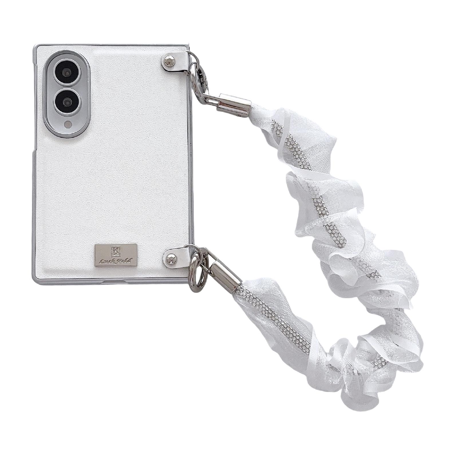 For Galaxy Z Fold8 5G Nameplate Silver Edged Morandi Solid Color Leather Textured Phone Case with Wrist Strap(White) - Shopkiz.com