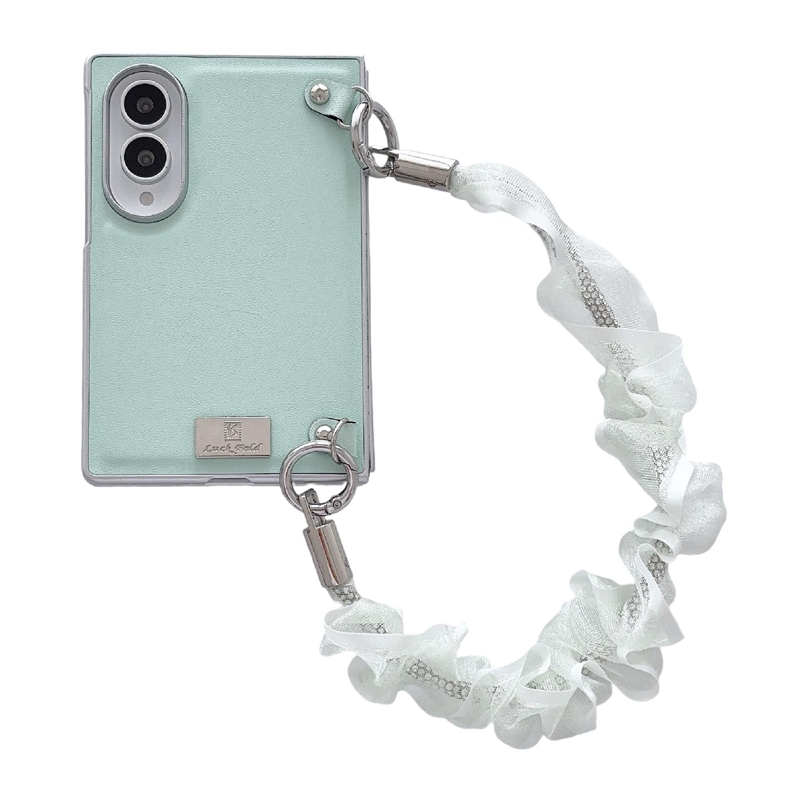 For Galaxy Z Fold8 5G Nameplate Silver Edged Morandi Solid Color Leather Textured Phone Case with Wrist Strap(Green) - Shopkiz.com
