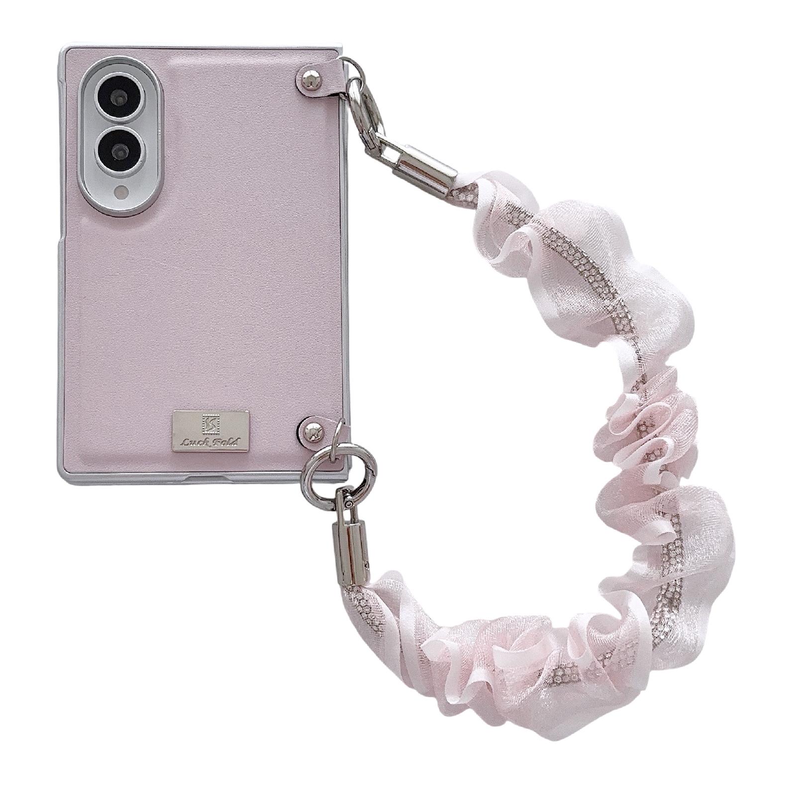 For Galaxy Z Fold8 5G Nameplate Silver Edged Morandi Solid Color Leather Textured Phone Case with Wrist Strap(Pink) - Shopkiz.com