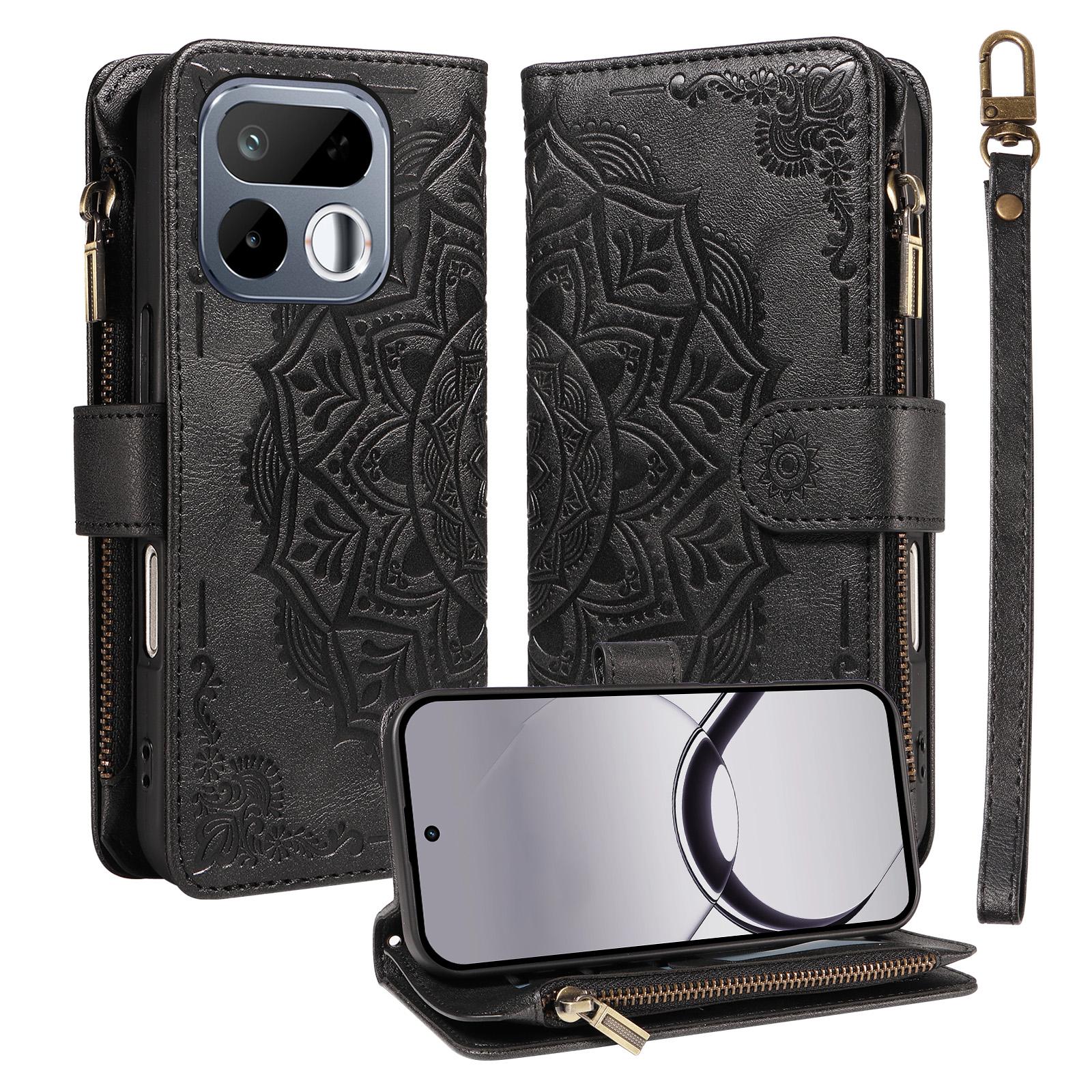 For Realme 16T 5G Mandala Embossed 9-Card Zipper RFID Vegan Leather Phone Case with Short Lanyard(Black) - Shopkiz.com