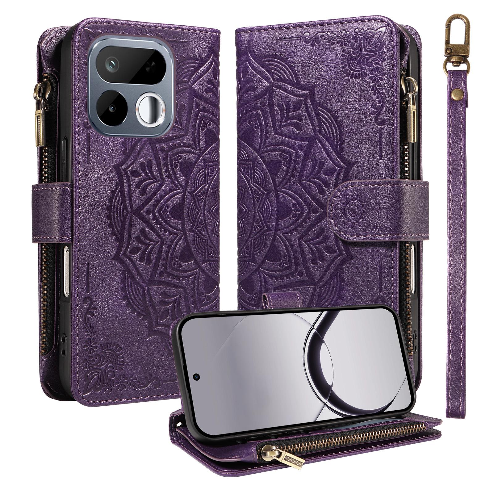 For Realme 16T 5G Mandala Embossed 9-Card Zipper RFID Vegan Leather Phone Case with Short Lanyard(Purple) - Shopkiz.com