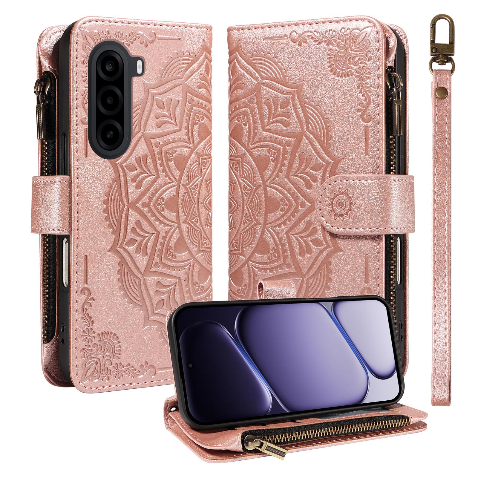 For Realme P4x 5G Mandala Embossed 9-Card Zipper RFID Vegan Leather Phone Case with Short Lanyard(Rose Gold) - Shopkiz.com