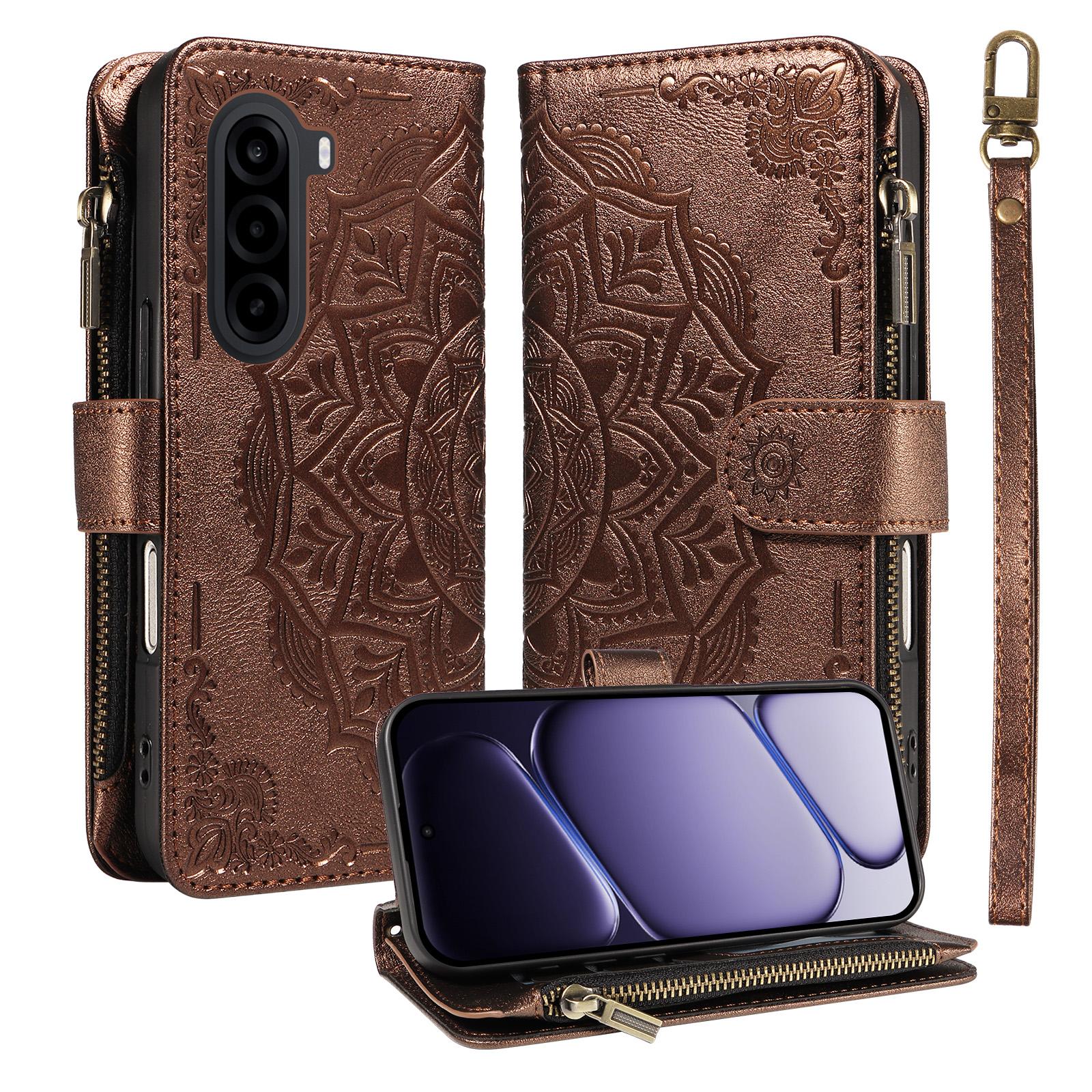 For Realme P4x 5G Mandala Embossed 9-Card Zipper RFID Vegan Leather Phone Case with Short Lanyard(Brown) - Shopkiz.com