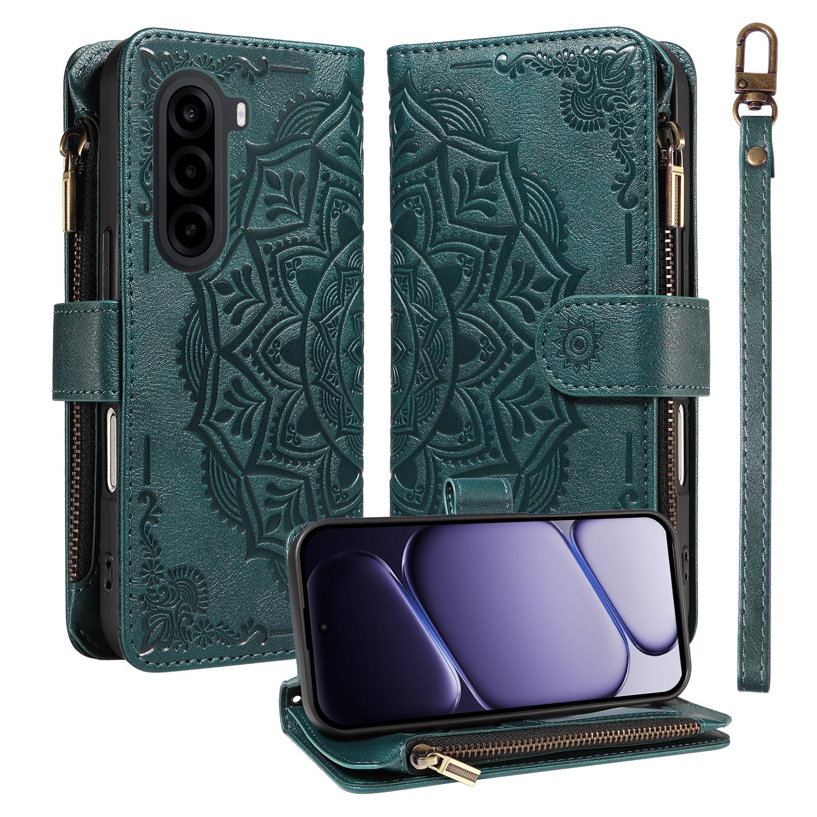 For Realme P4x 5G Mandala Embossed 9-Card Zipper RFID Vegan Leather Phone Case with Short Lanyard(Green) - Shopkiz.com