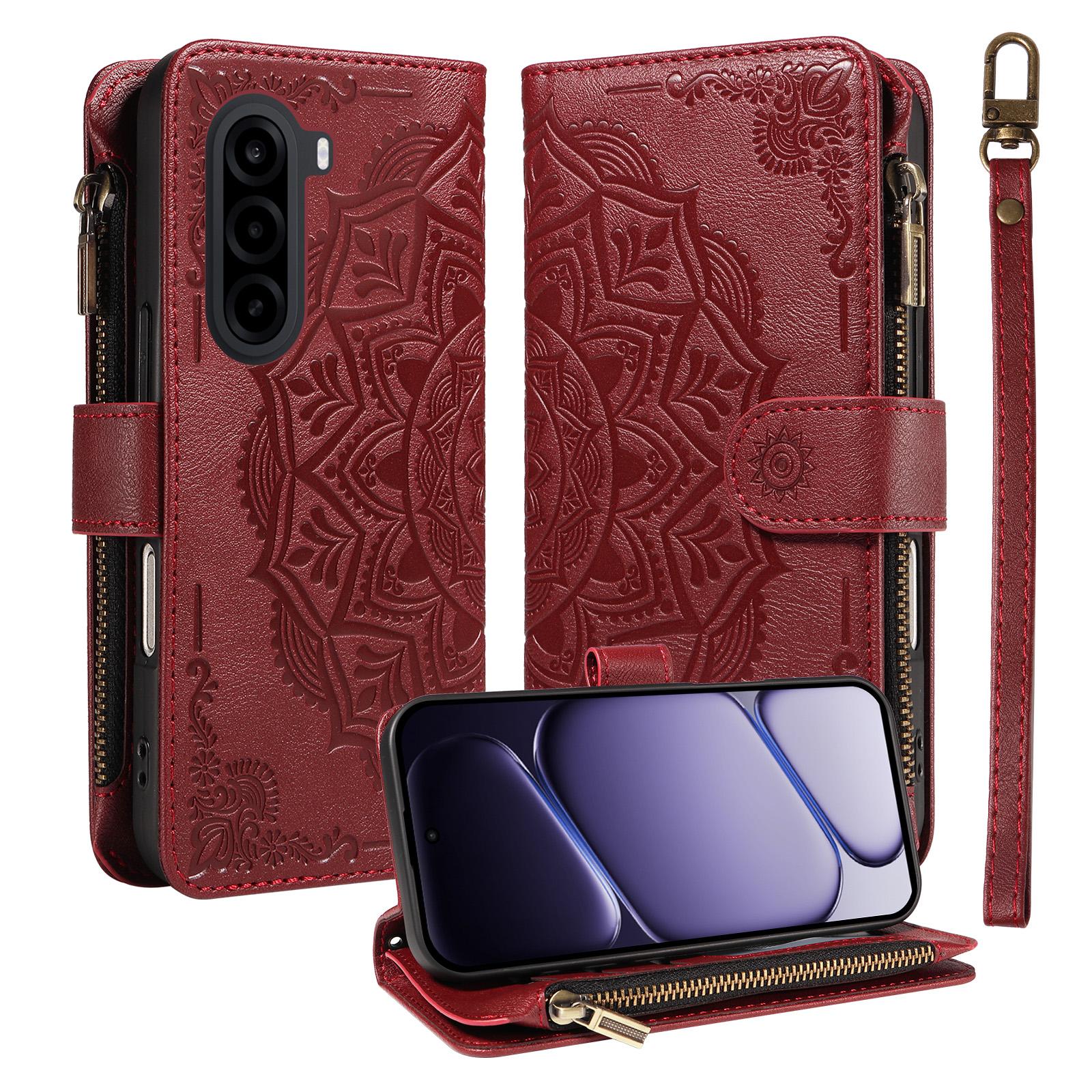 For Realme P4x 5G Mandala Embossed 9-Card Zipper RFID Vegan Leather Phone Case with Short Lanyard(Wine Red) - Shopkiz.com