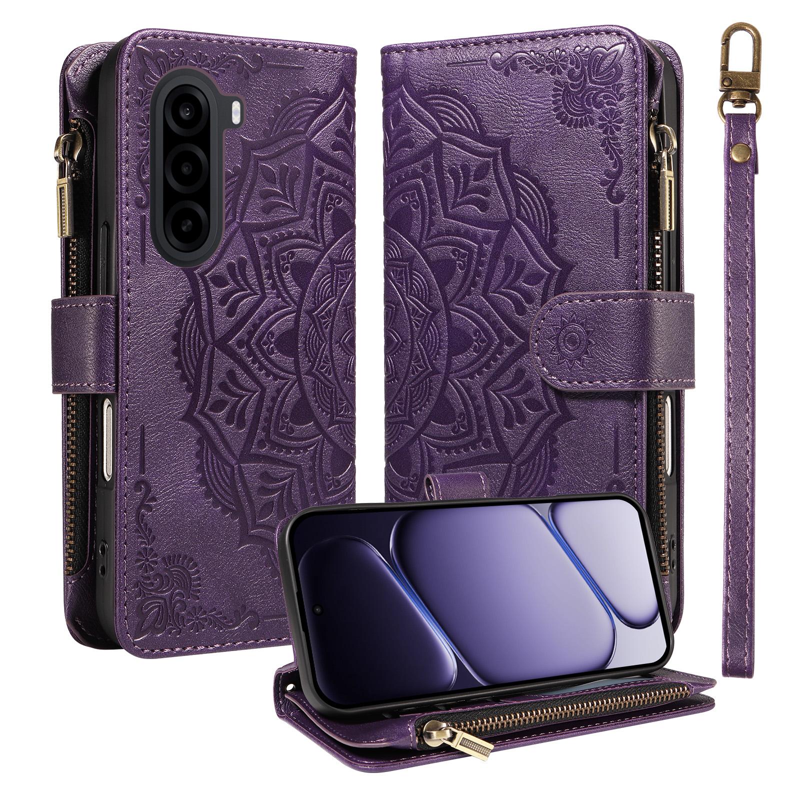 For Realme P4x 5G Mandala Embossed 9-Card Zipper RFID Vegan Leather Phone Case with Short Lanyard(Purple) - Shopkiz.com