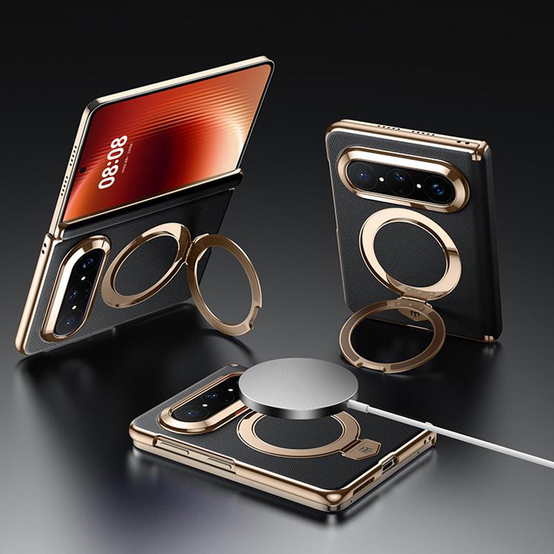 For Huawei Pura X Max Plain Leather MagSafe Holder Phone Case(Black Gold) - Shopkiz.com