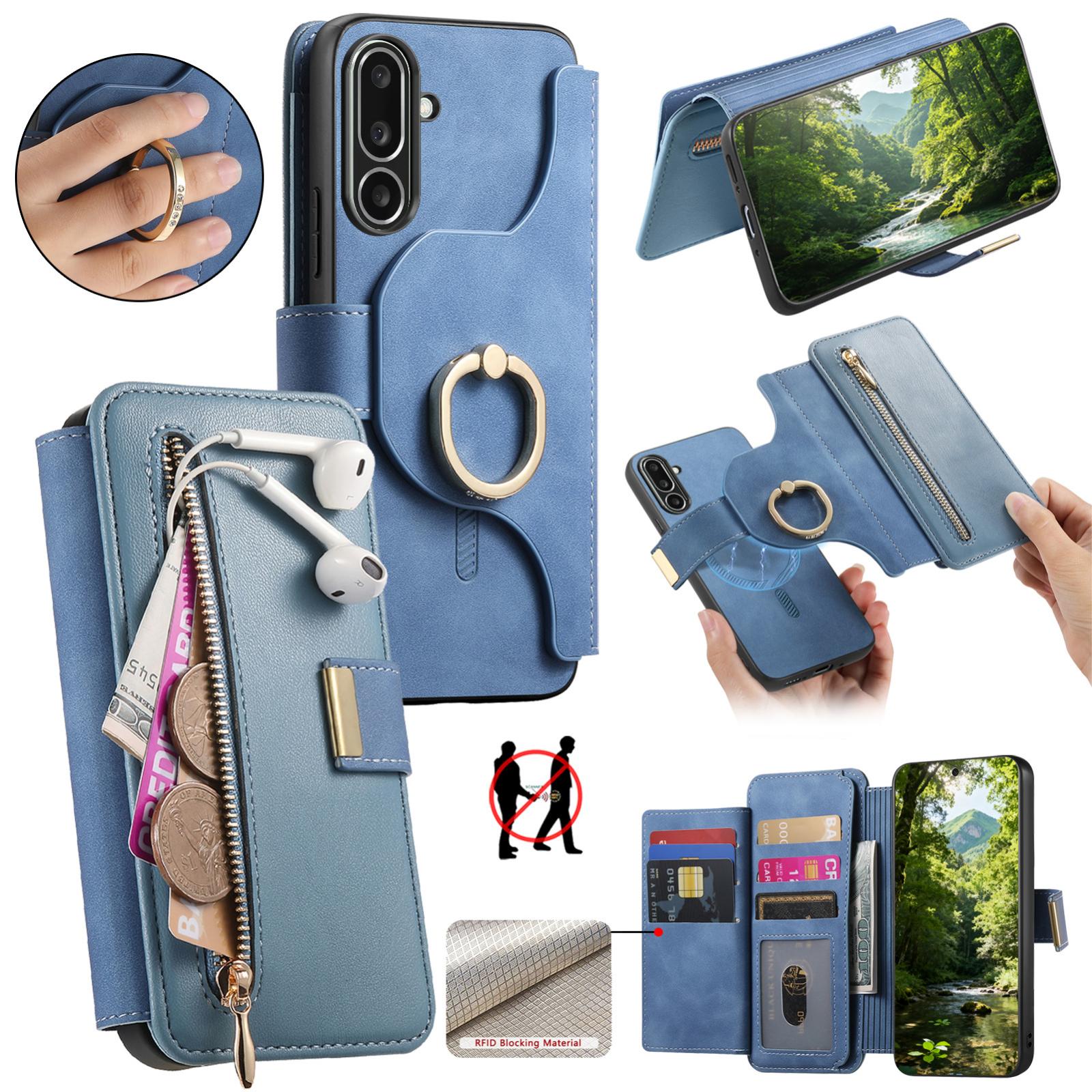 For Galaxy M56 5G Ring Zipper Wallet RFID Blocking MagSafe Leather Phone Case(Blue) - Shopkiz.com
