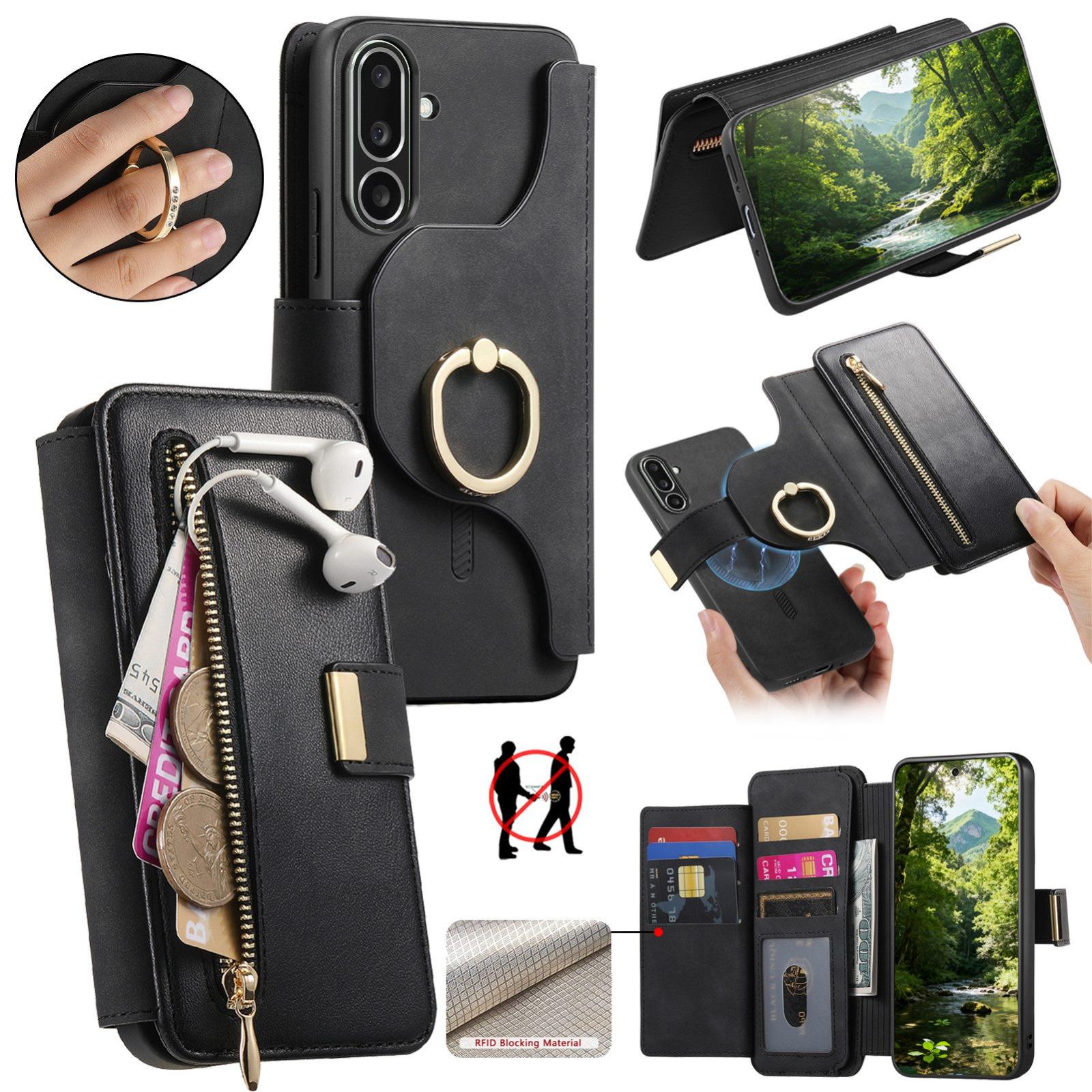 For Galaxy M56 5G Ring Zipper Wallet RFID Blocking MagSafe Leather Phone Case(Black) - Shopkiz.com