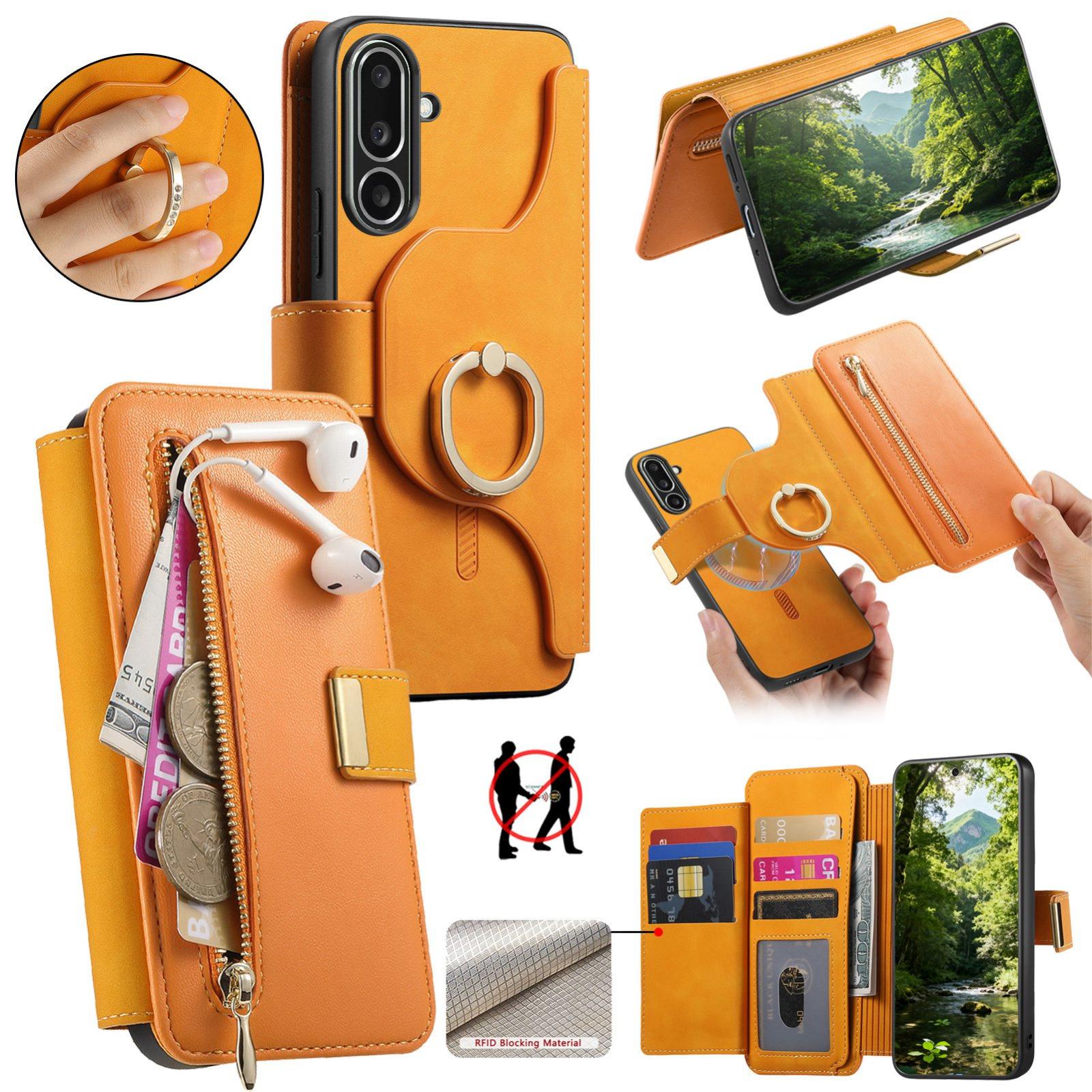 For Galaxy M56 5G Ring Zipper Wallet RFID Blocking MagSafe Leather Phone Case(Orange) - Shopkiz.com