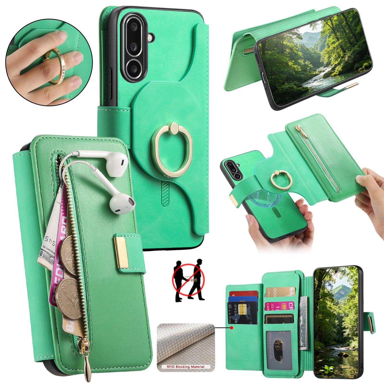 For Galaxy M56 5G Ring Zipper Wallet RFID Blocking MagSafe Leather Phone Case(Green) - Shopkiz.com