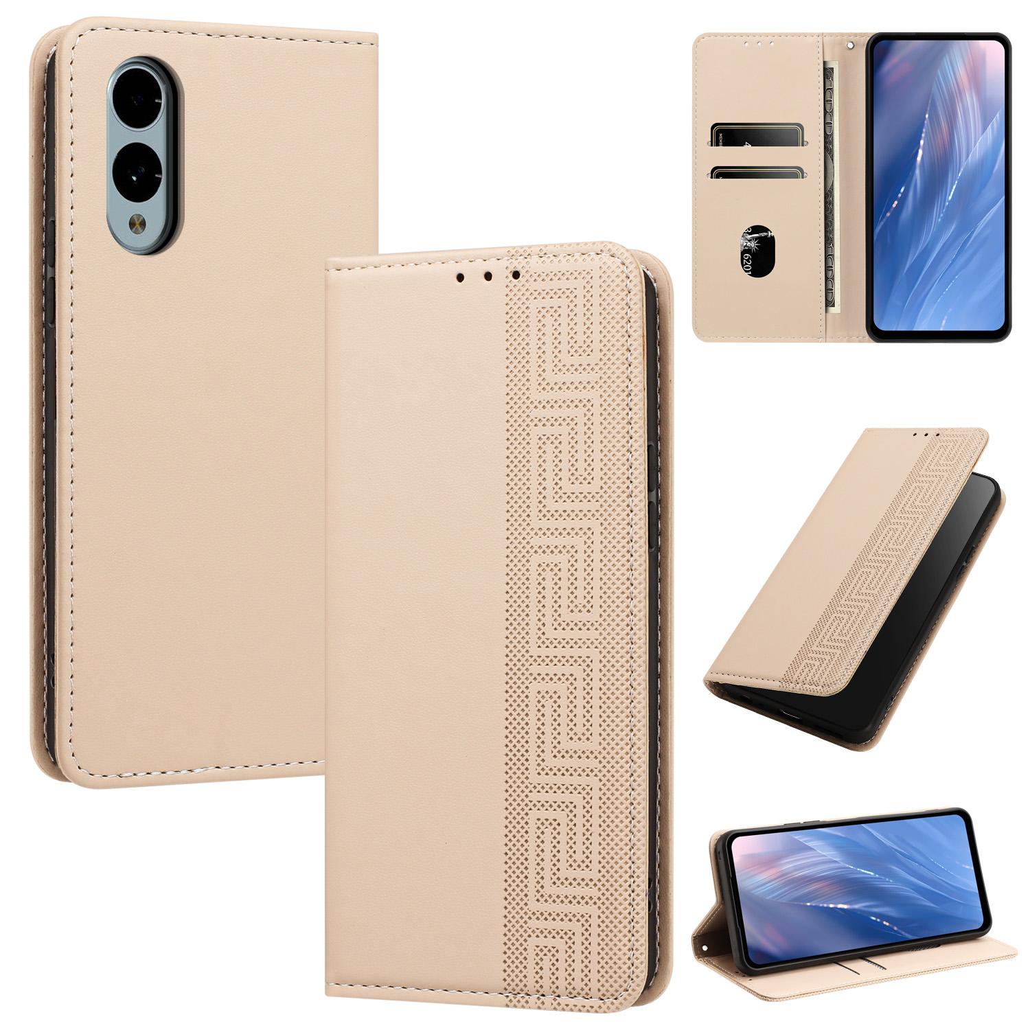 For Fujitsu Arrows We2 / F-52E Embossed Meander Pattern RFID Vegan Leather Phone Case(Beige) - Shopkiz.com