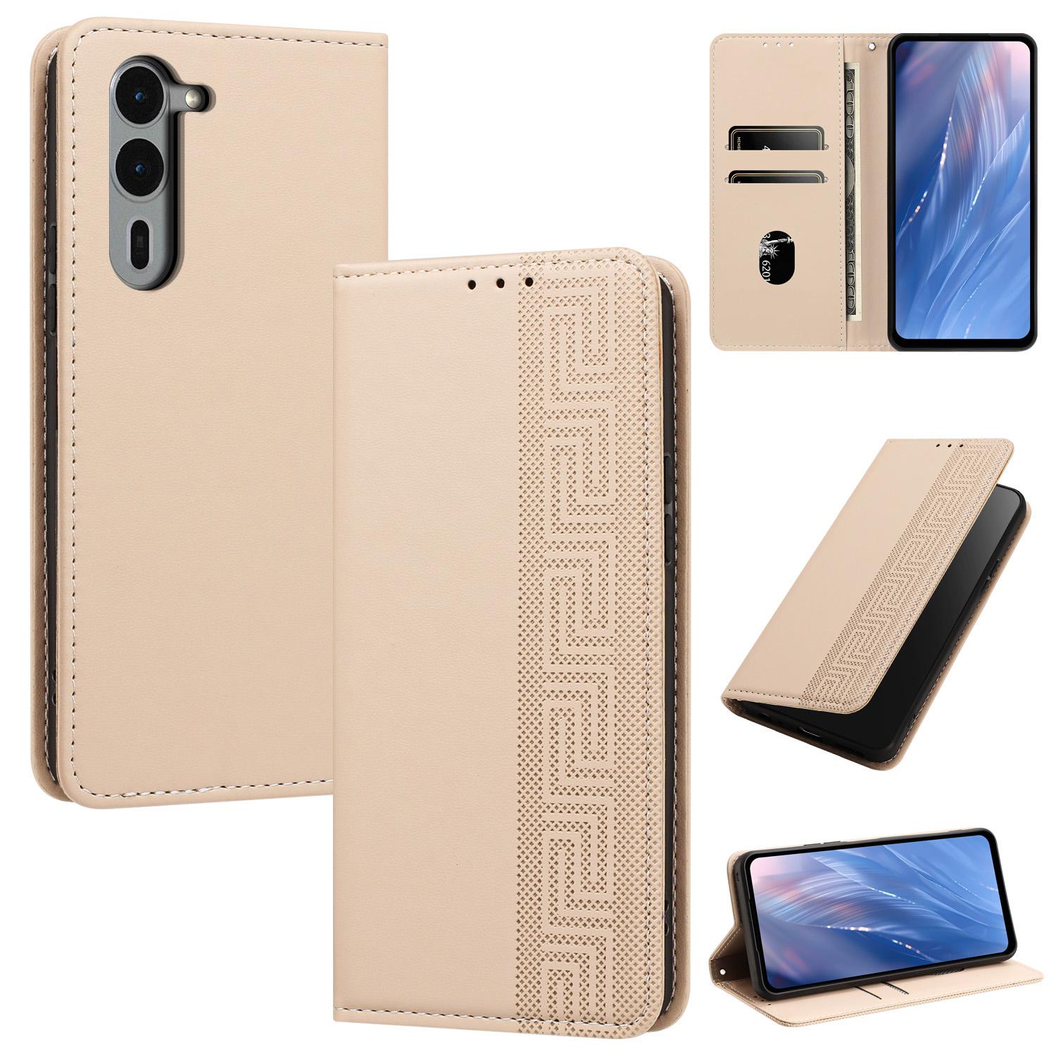 For Fujitsu Arrows We2 Plus / F-51E Embossed Meander Pattern RFID Vegan Leather Phone Case(Beige) - Shopkiz.com