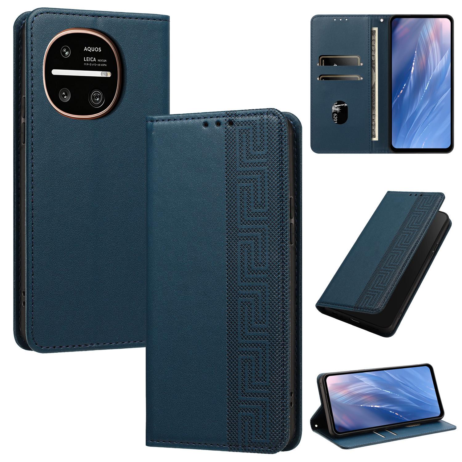 For Sharp Aquos R11 Embossed Meander Pattern RFID Vegan Leather Phone Case(Dark Blue) - Shopkiz.com