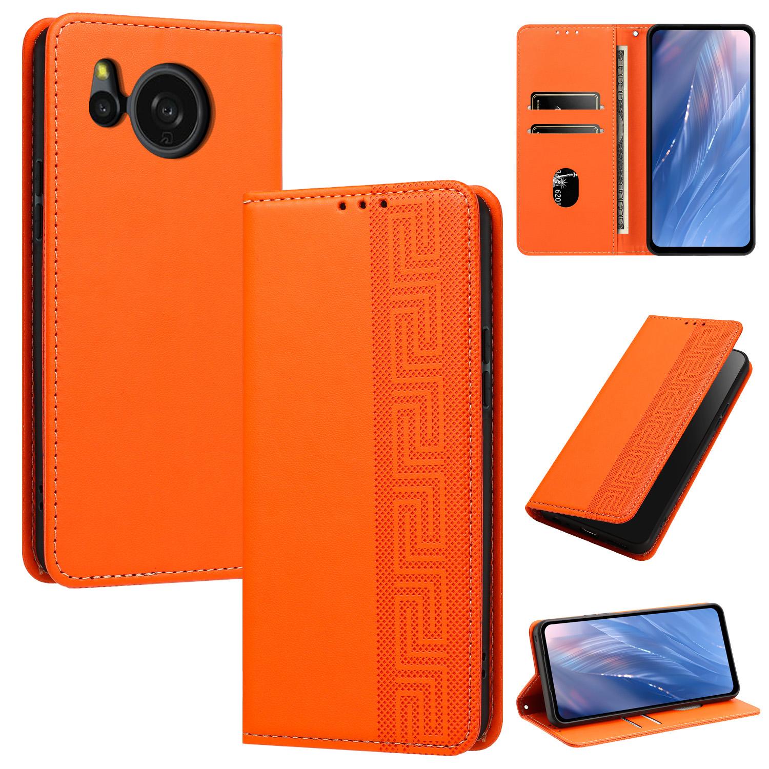 For Sharp Aquos Sense8 Embossed Meander Pattern RFID Vegan Leather Phone Case(Orange) - Shopkiz.com