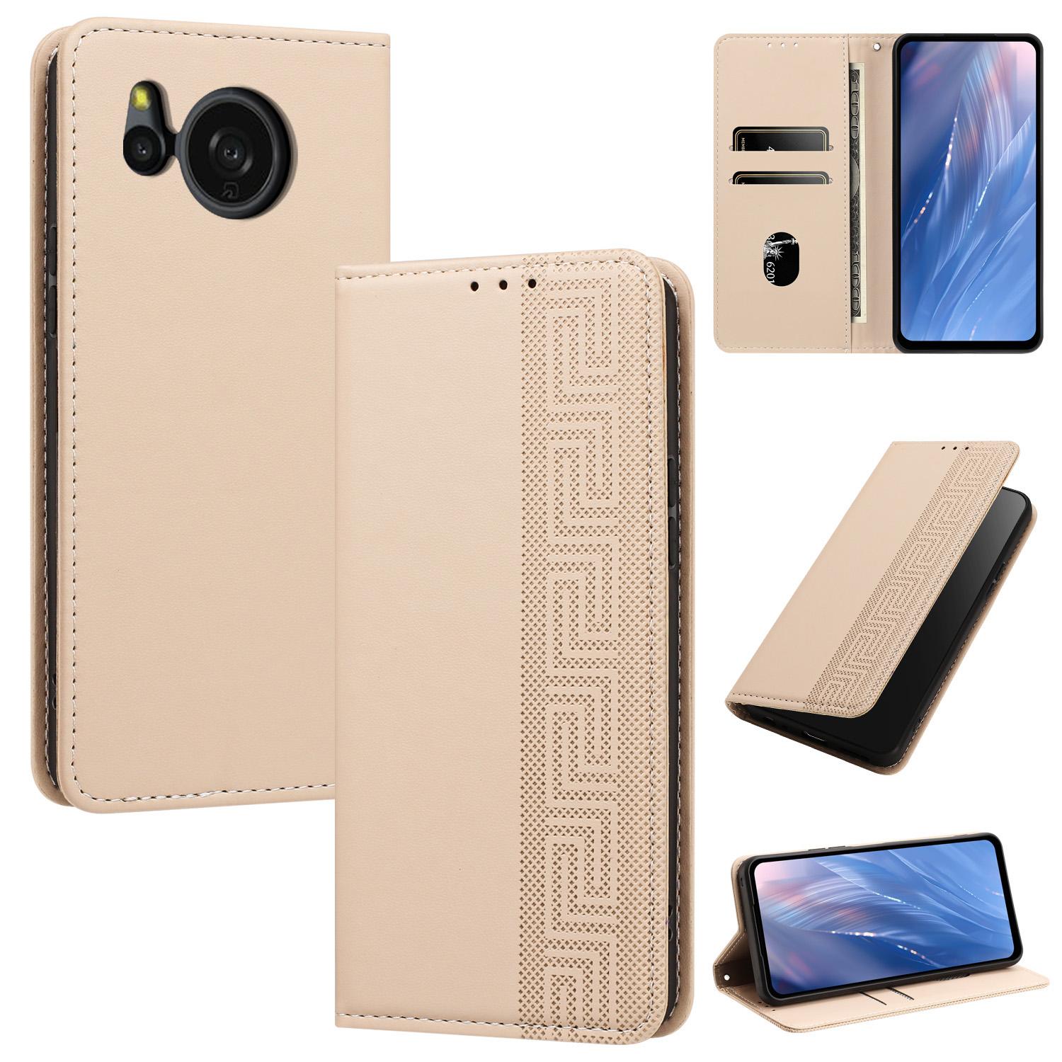 For Sharp Aquos Sense8 Embossed Meander Pattern RFID Vegan Leather Phone Case(Beige) - Shopkiz.com
