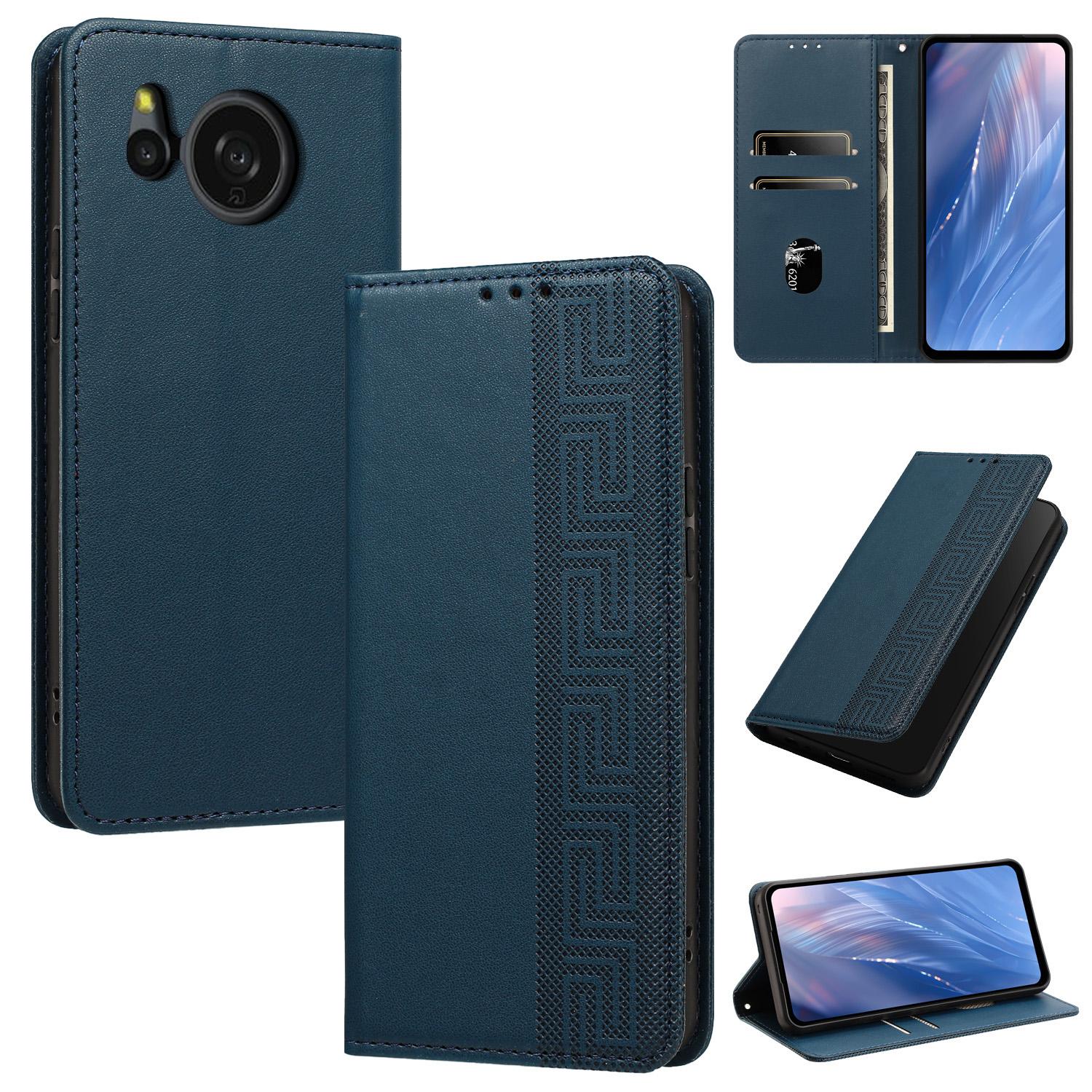 For Sharp Aquos Sense8 Embossed Meander Pattern RFID Vegan Leather Phone Case(Dark Blue) - Shopkiz.com