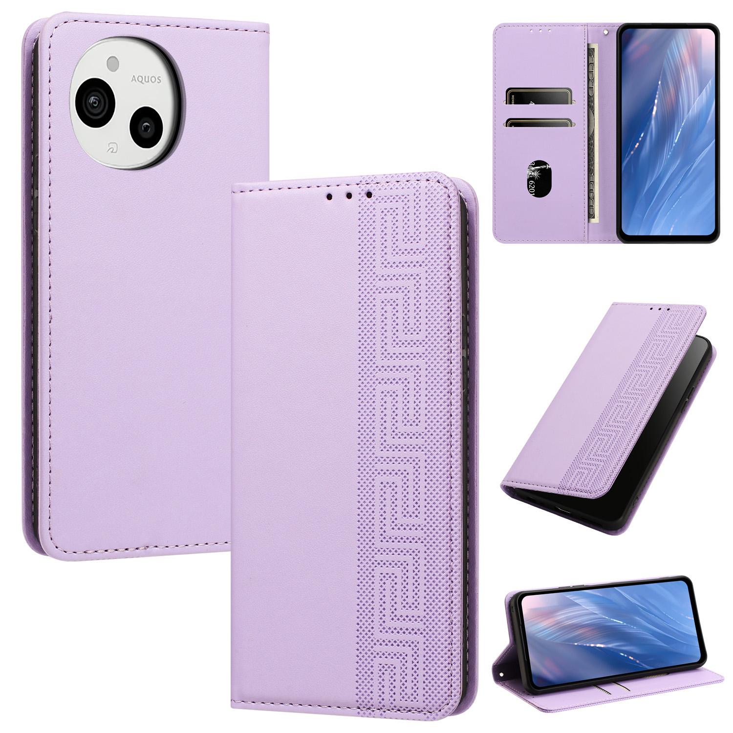 For Sharp Aquos Sense9 Embossed Meander Pattern RFID Vegan Leather Phone Case(Light Purple) - Shopkiz.com
