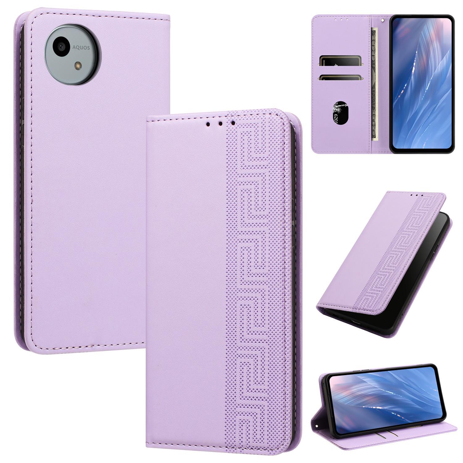 For Sharp Aquos wish4 Embossed Meander Pattern RFID Vegan Leather Phone Case(Light Purple) - Shopkiz.com
