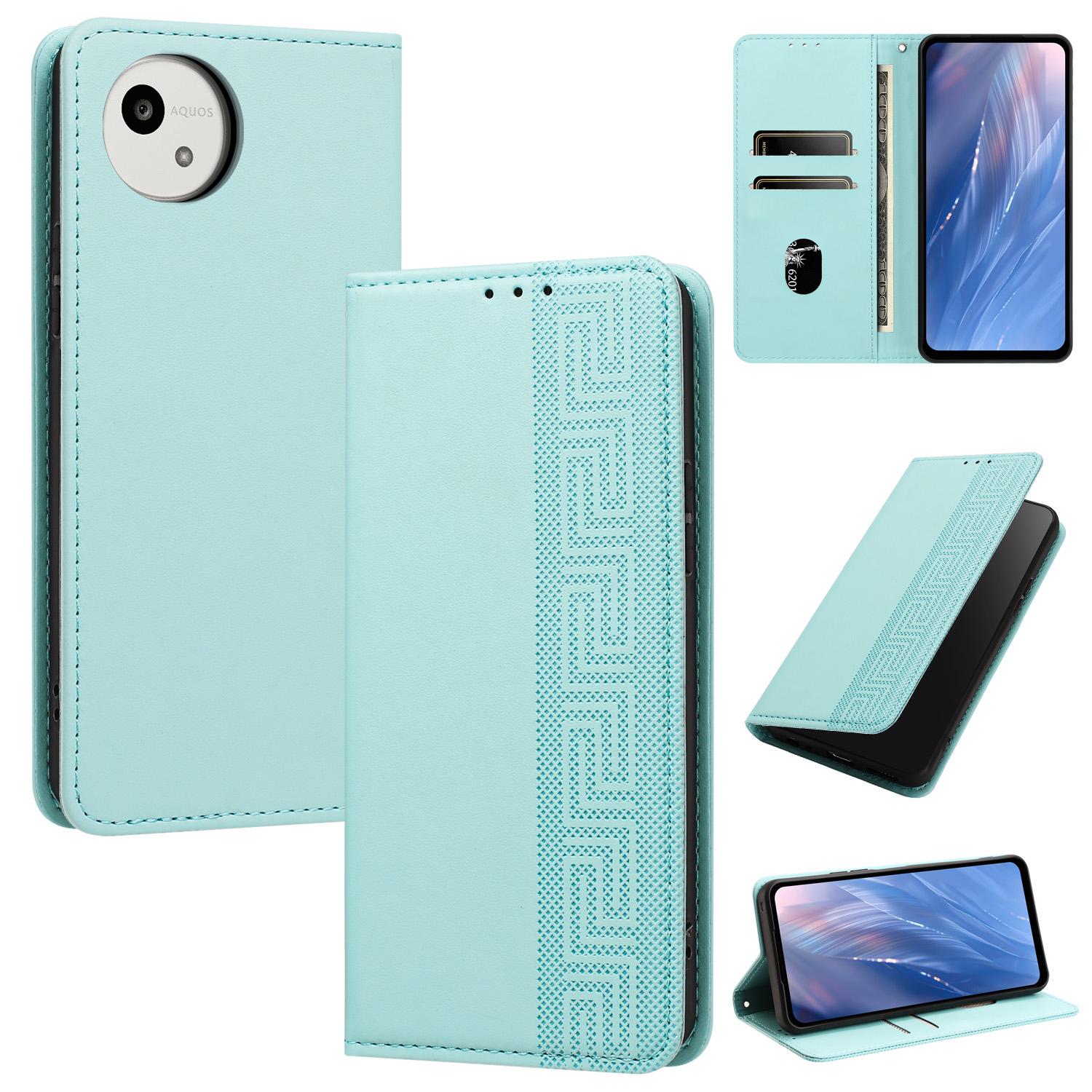 For Sharp Aquos wish5 Embossed Meander Pattern RFID Vegan Leather Phone Case(Mint Green) - Shopkiz.com