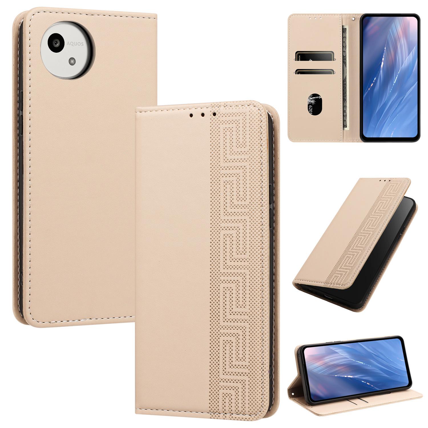 For Sharp Aquos wish5 Embossed Meander Pattern RFID Vegan Leather Phone Case(Beige) - Shopkiz.com