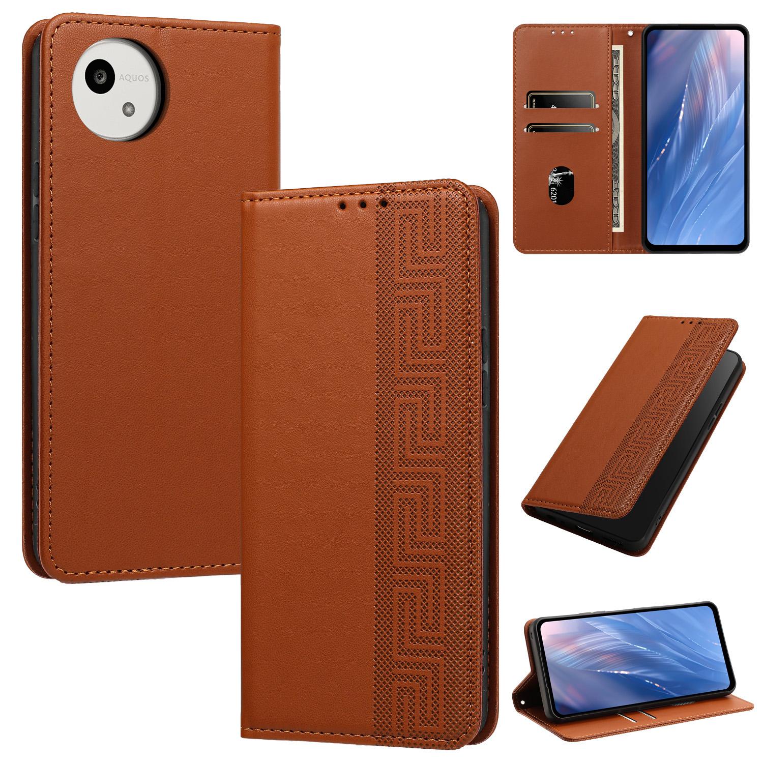 For Sharp Aquos wish5 Embossed Meander Pattern RFID Vegan Leather Phone Case(Brown) - Shopkiz.com