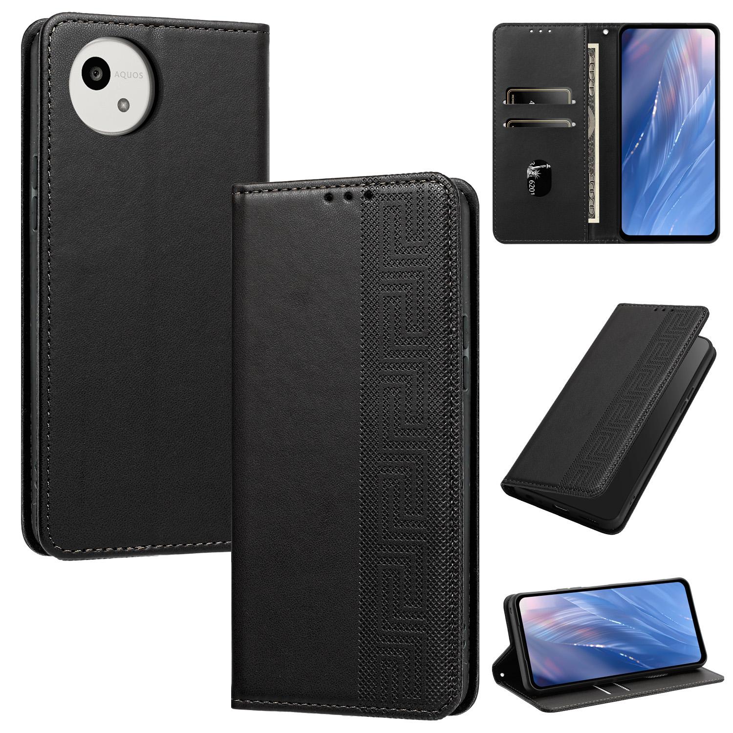 For Sharp Aquos wish5 Embossed Meander Pattern RFID Vegan Leather Phone Case(Black) - Shopkiz.com