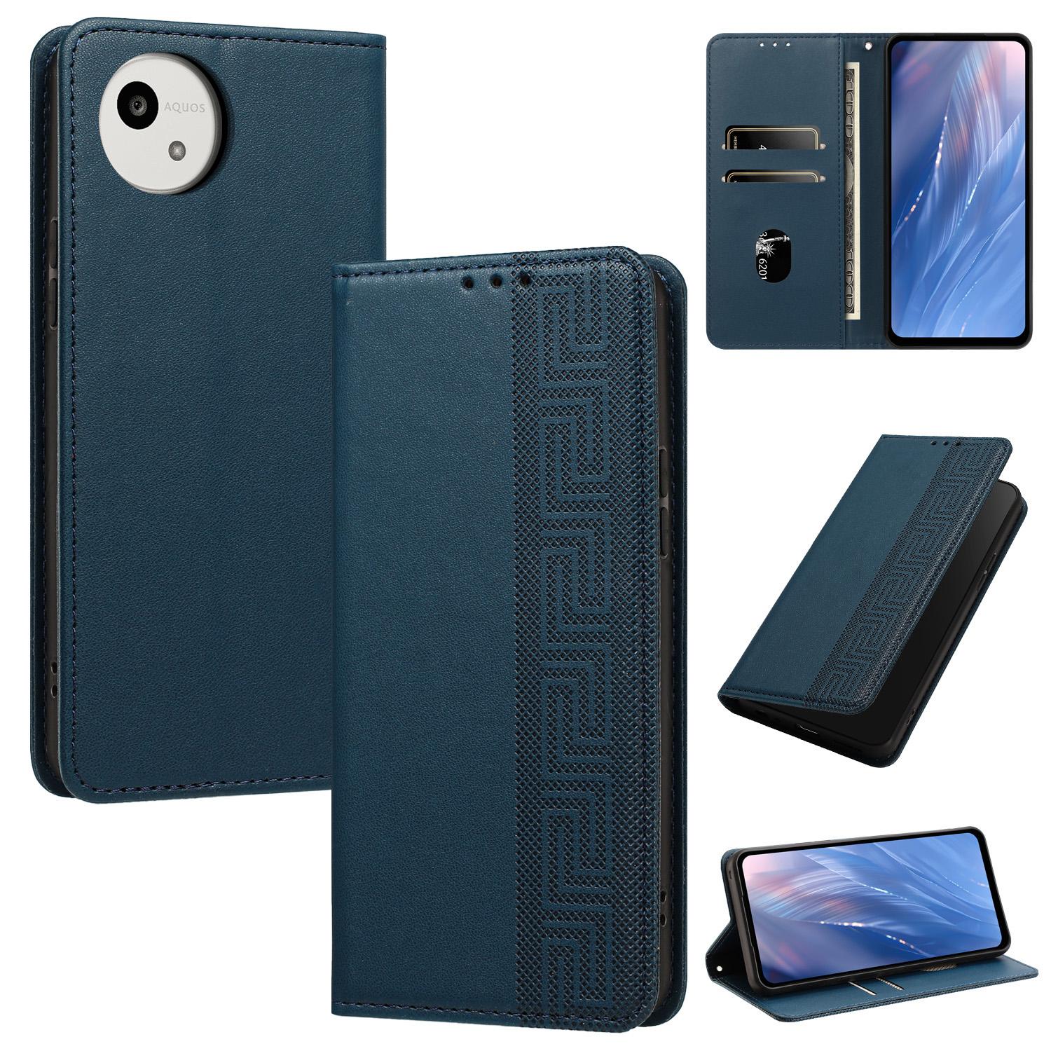 For Sharp Aquos wish6 Embossed Meander Pattern RFID Vegan Leather Phone Case(Dark Blue) - Shopkiz.com