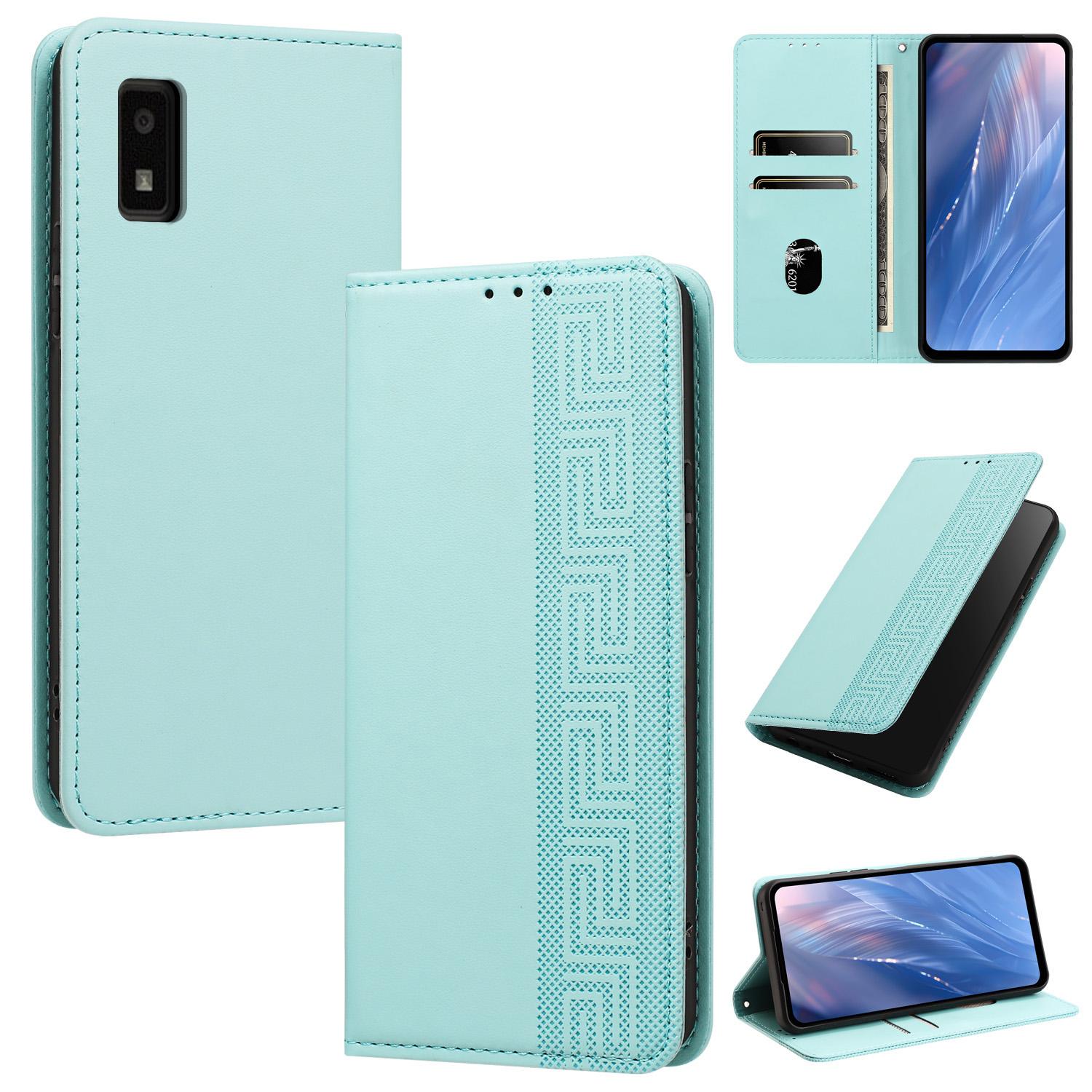 For Sharp Aquos wish3 Embossed Meander Pattern RFID Vegan Leather Phone Case(Mint Green) - Shopkiz.com