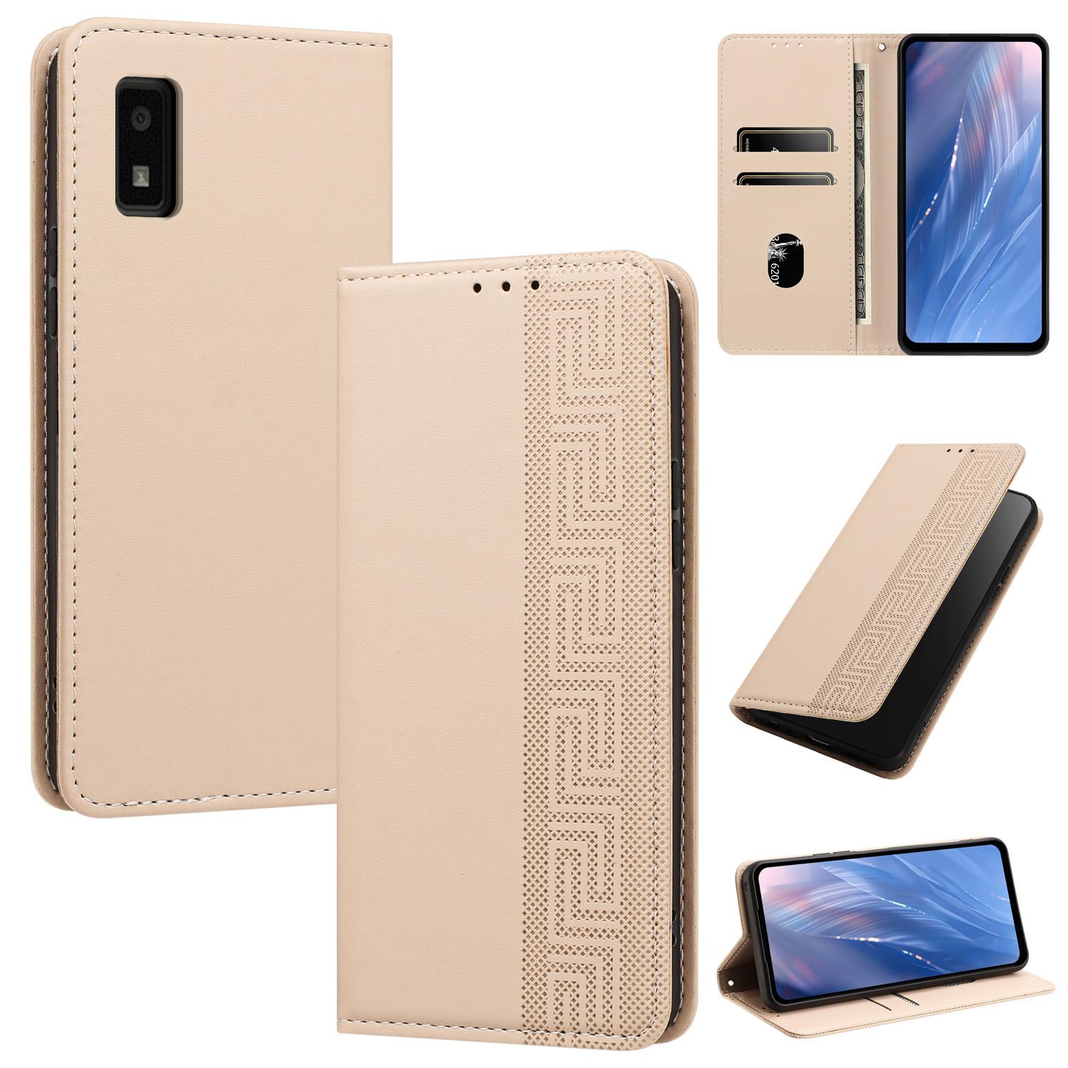 For Sharp Aquos wish3 Embossed Meander Pattern RFID Vegan Leather Phone Case(Beige) - Shopkiz.com
