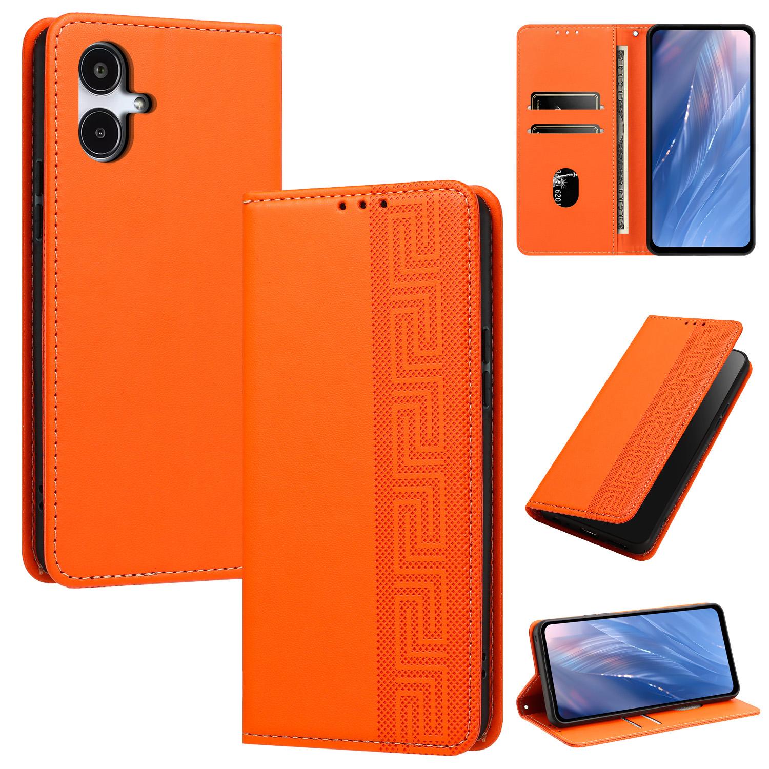 For Galaxy A25 JP / A25e Embossed Meander Pattern RFID Vegan Leather Phone Case(Orange) - Shopkiz.com