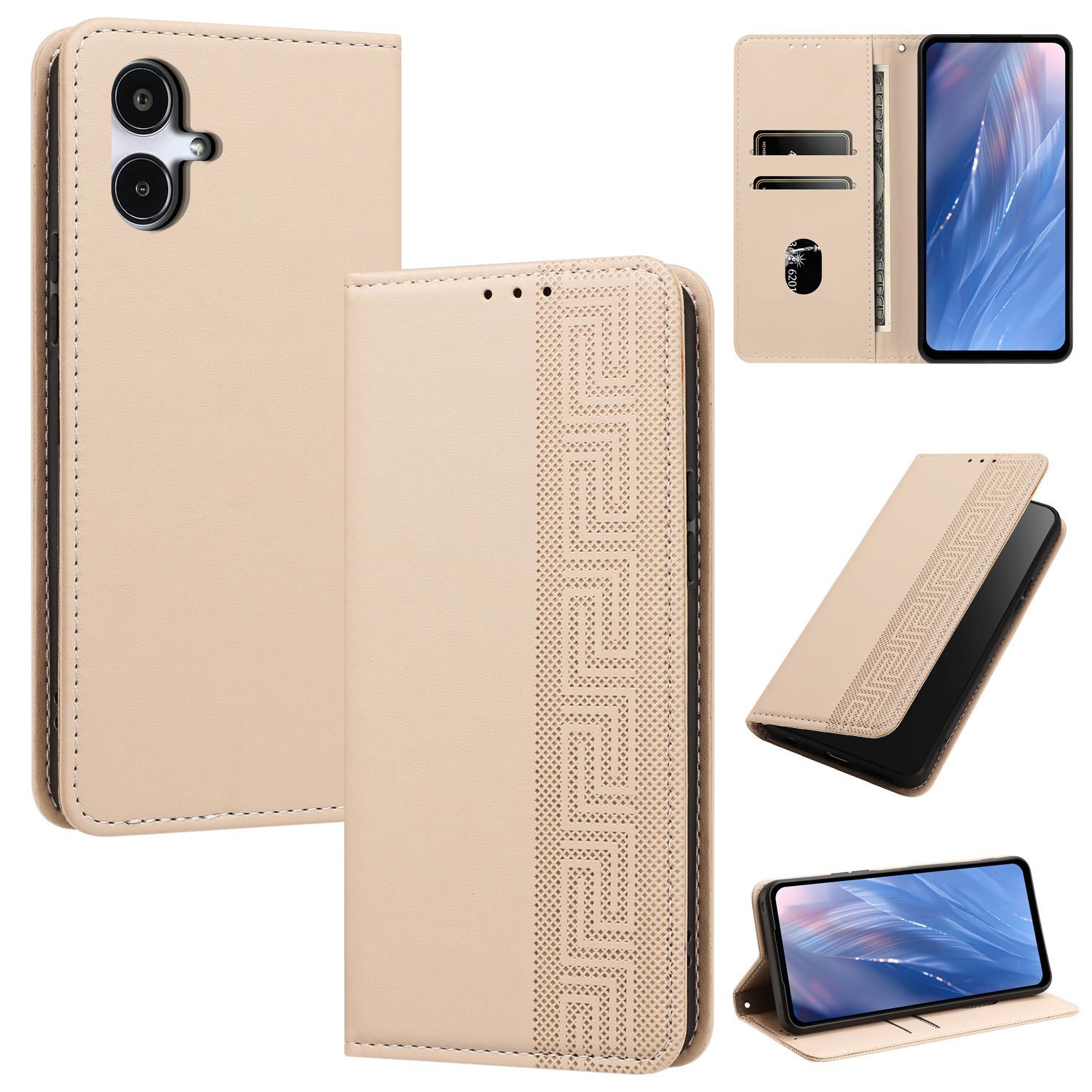 For Galaxy A25 JP / A25e Embossed Meander Pattern RFID Vegan Leather Phone Case(Beige) - Shopkiz.com