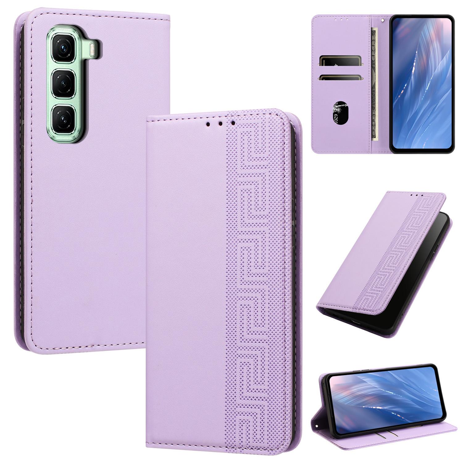 For Infinix Hot 50 Pro 4G Embossed Meander Pattern RFID Vegan Leather Phone Case(Light Purple) - Shopkiz.com